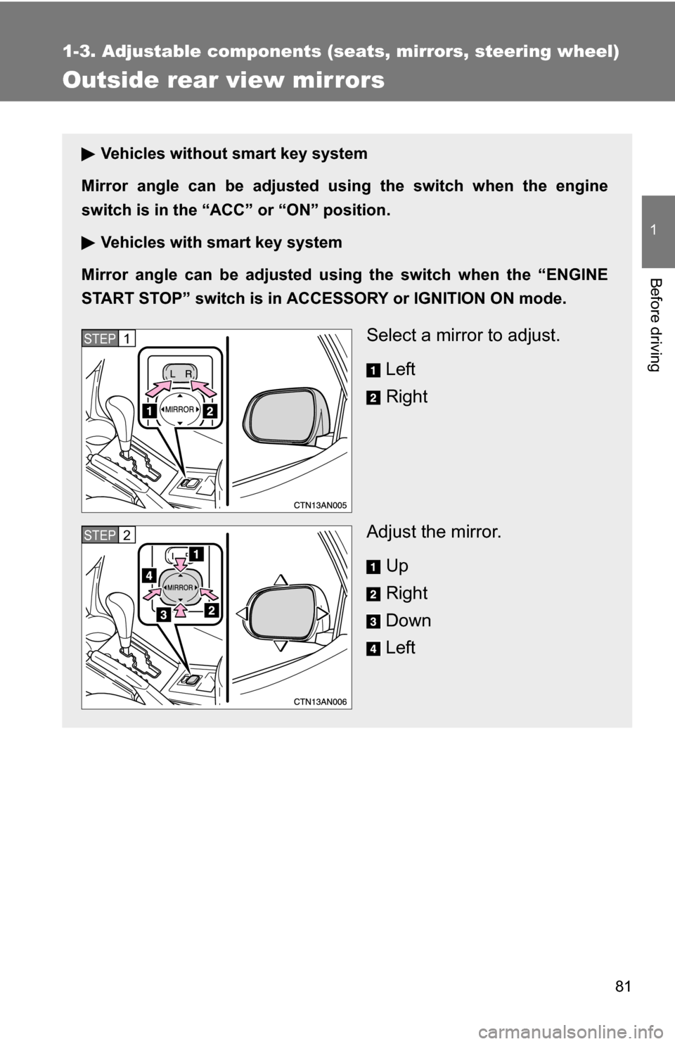 TOYOTA RAV4 2012 XA30 / 3.G Manual Online 81
1
1-3. Adjustable components (seats, mirrors, steering wheel)
Before driving
Outside rear view mirrors
Vehicles without smart key system
Mirror angle can be ad justed using the switch when the engi