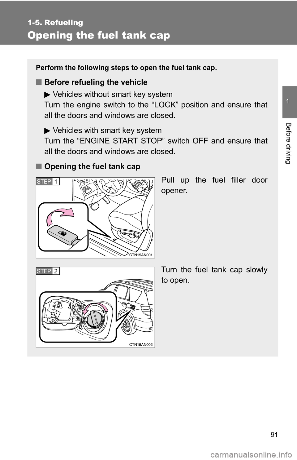 TOYOTA RAV4 2012 XA30 / 3.G Owners Manual 91
1
Before driving
1-5. Refueling
Opening the fuel tank cap
Perform the following steps to open the fuel tank cap.
■Before refueling the vehicle
Vehicles without smart key system
Turn the engine sw