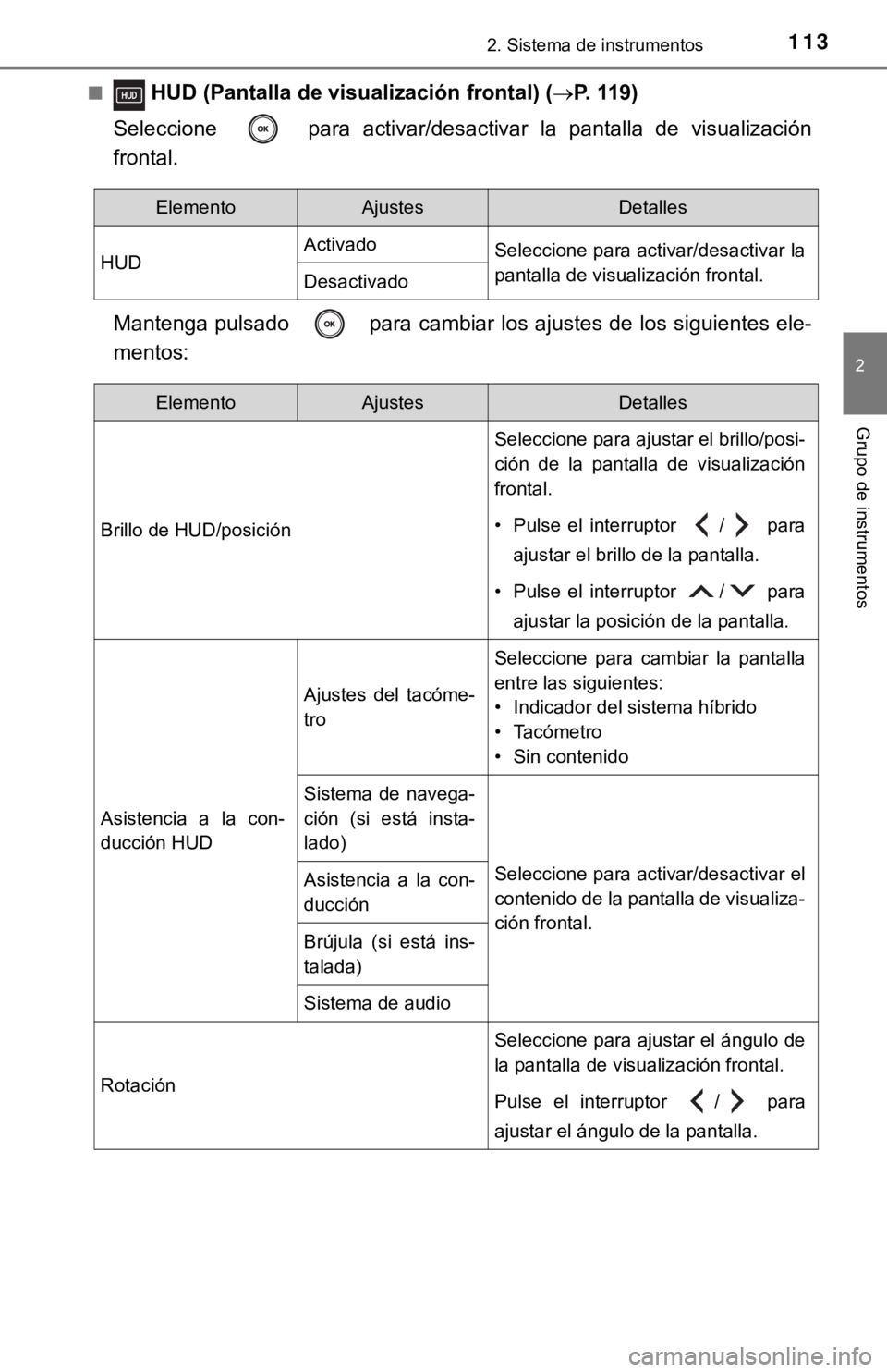 TOYOTA CAMRY HYBRID 2019 Manual del propietario (in Spanish) 1132. Sistema de instrumentos
2
Grupo de instrumentos
■ HUD (Pantalla de visualización frontal) (P. 119)
Seleccione para activar/desactivar la pantalla de visualizació n
frontal.
Manten TOYOTA CAMRY HYBRID 2019 Manual del propietario (in Spanish) 1132. Sistema de instrumentos
2
Grupo de instrumentos
■ HUD (Pantalla de visualización frontal) (P. 119)
Seleccione para activar/desactivar la pantalla de visualizació n
frontal.
Manten