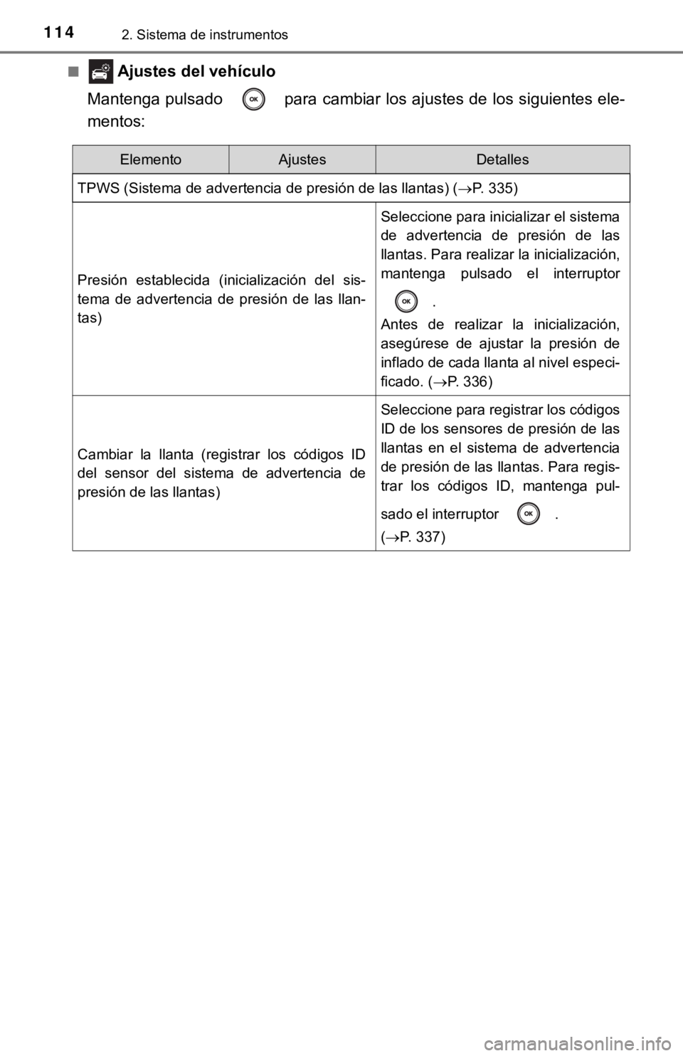 TOYOTA CAMRY HYBRID 2019 Manual del propietario (in Spanish) 1142. Sistema de instrumentos
■ Ajustes del vehículo
Mantenga pulsado para cambiar los ajustes de los siguientes el e-
mentos:
ElementoAjustesDetalles
TPWS (Sistema de advertencia de presión de TOYOTA CAMRY HYBRID 2019 Manual del propietario (in Spanish) 1142. Sistema de instrumentos
■ Ajustes del vehículo
Mantenga pulsado para cambiar los ajustes de los siguientes el e-
mentos:
ElementoAjustesDetalles
TPWS (Sistema de advertencia de presión de