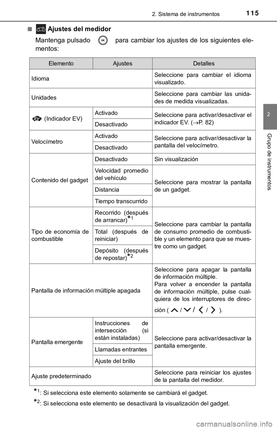 TOYOTA CAMRY HYBRID 2019 Manual del propietario (in Spanish) 1152. Sistema de instrumentos
2
Grupo de instrumentos
■ Ajustes del medidor
Mantenga pulsado para cambiar los ajustes de los siguientes el e-
mentos:
*1: Si selecciona este elemento solamente se c TOYOTA CAMRY HYBRID 2019 Manual del propietario (in Spanish) 1152. Sistema de instrumentos
2
Grupo de instrumentos
■ Ajustes del medidor
Mantenga pulsado para cambiar los ajustes de los siguientes el e-
mentos:
*1: Si selecciona este elemento solamente se c