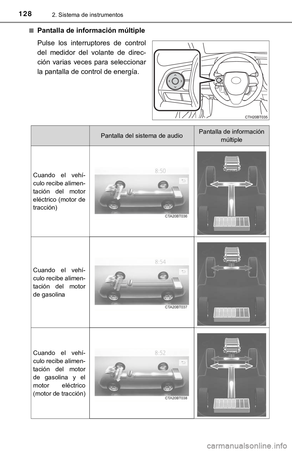 TOYOTA CAMRY HYBRID 2019 Manual del propietario (in Spanish) 1282. Sistema de instrumentos
■Pantalla de información múltiple
Pulse los interruptores de control
del medidor del volante de direc-
ción varias veces para seleccionar
la pantalla de TOYOTA CAMRY HYBRID 2019 Manual del propietario (in Spanish) 1282. Sistema de instrumentos
■Pantalla de información múltiple
Pulse los interruptores de control
del medidor del volante de direc-
ción varias veces para seleccionar
la pantalla de