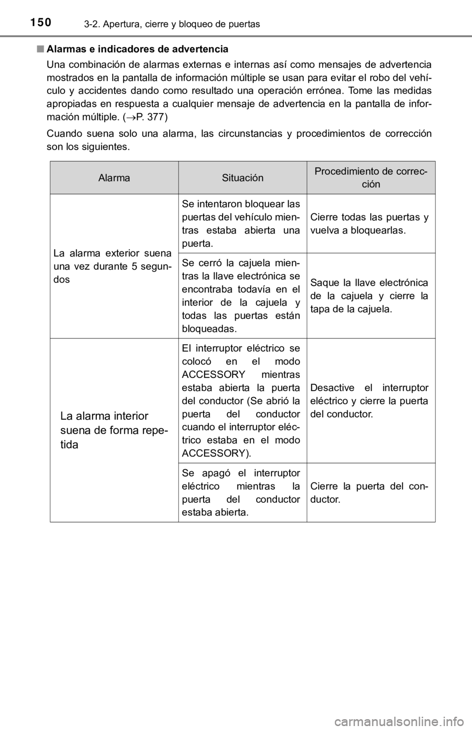 TOYOTA CAMRY HYBRID 2019 Manual del propietario (in Spanish) 1503-2. Apertura, cierre y bloqueo de puertas
■Alarmas e indicadores de advertencia
Una combinación de alarmas externas e internas así como mensajes de advertencia
mostrados en la pantalla TOYOTA CAMRY HYBRID 2019 Manual del propietario (in Spanish) 1503-2. Apertura, cierre y bloqueo de puertas
■Alarmas e indicadores de advertencia
Una combinación de alarmas externas e internas así como mensajes de advertencia
mostrados en la pantalla