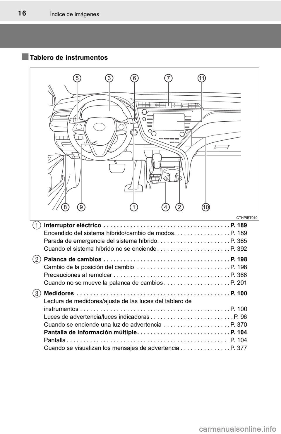 TOYOTA CAMRY HYBRID 2019  Manual del propietario (in Spanish) 16Índice de imágenes
■Tablero de instrumentos
Interruptor eléctrico  . . . . . . . . . . . . . . . . . . . . . . . . . . . . . . . . . . . . . . P. 189
Encendido del sistema híbrido/cambio de mo