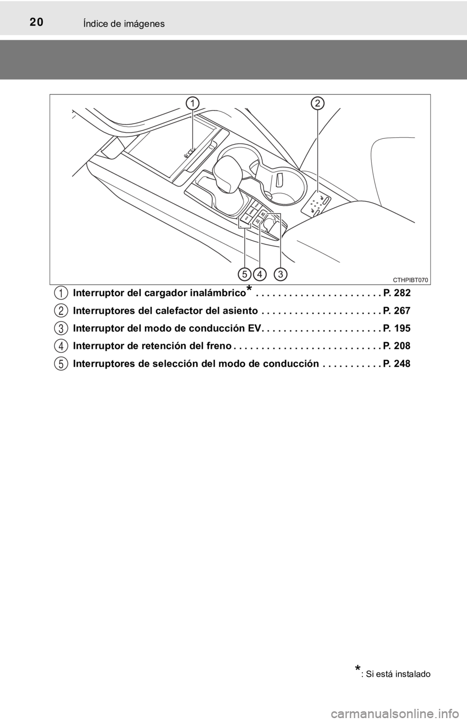 TOYOTA CAMRY HYBRID 2019  Manual del propietario (in Spanish) 20Índice de imágenes
Interruptor del cargador inalámbrico* . . . . . . . . . . . . . . . . . . . . . . . P. 282
Interruptores del calefactor del asiento  . . . . . . . . . . .  . . . . . . . . . . 