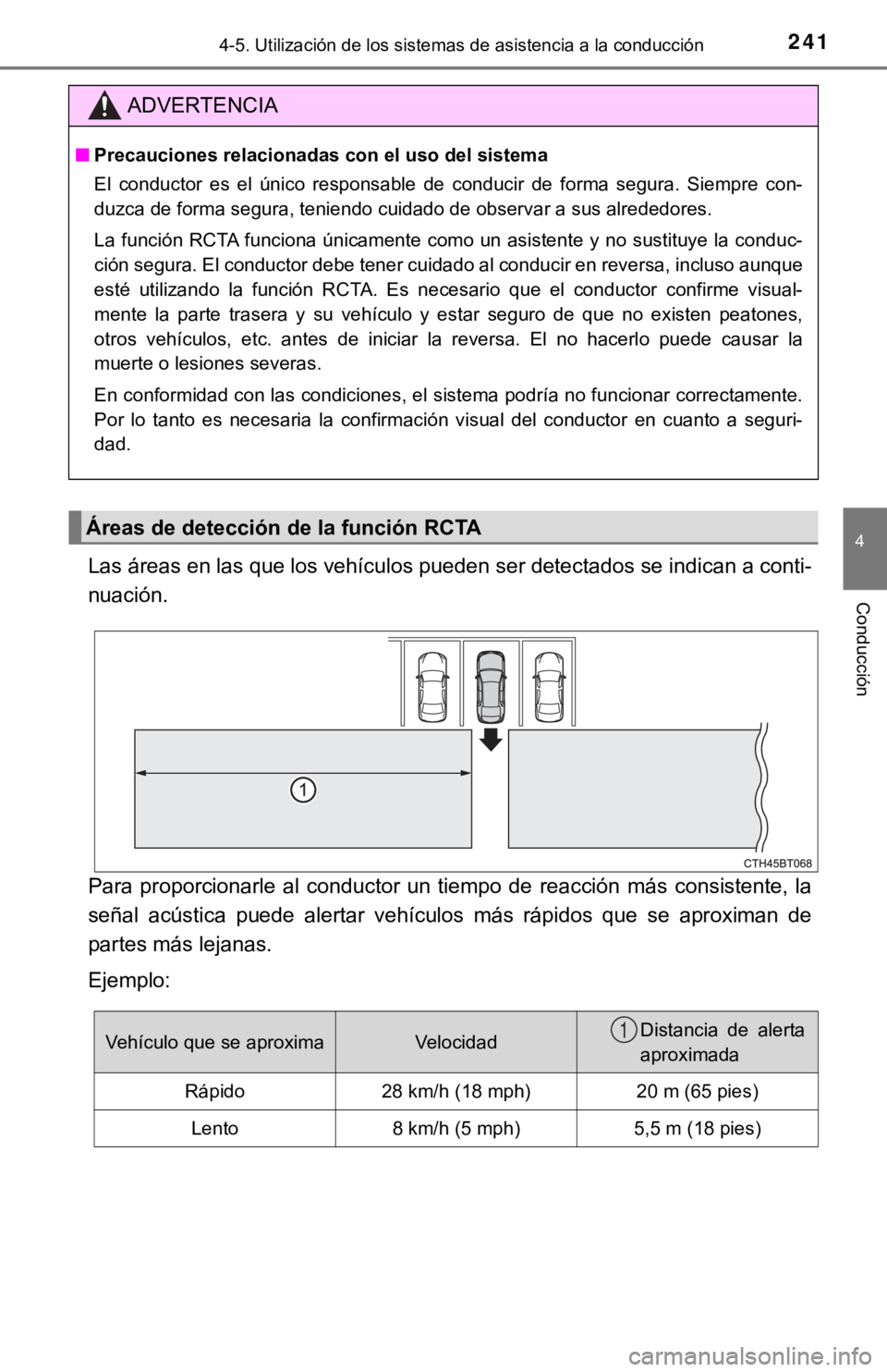 TOYOTA CAMRY HYBRID 2019 Manual del propietario (in Spanish) 2414-5. Utilización de los sistemas de asistencia a la conducción
4
Conducción
Las áreas en las que los vehículos pueden ser detectados se ind ican a conti-
nuación.
Para proporcionarle al co TOYOTA CAMRY HYBRID 2019 Manual del propietario (in Spanish) 2414-5. Utilización de los sistemas de asistencia a la conducción
4
Conducción
Las áreas en las que los vehículos pueden ser detectados se ind ican a conti-
nuación.
Para proporcionarle al co