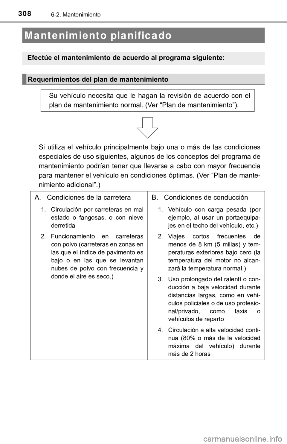 TOYOTA CAMRY HYBRID 2019 Manual del propietario (in Spanish) 3086-2. Mantenimiento
Mantenimiento planificado
Efectúe el mantenimiento de acuerdo al programa siguiente:
Requerimientos del plan de mantenimiento
Su vehículo necesita que le hagan la revisi TOYOTA CAMRY HYBRID 2019 Manual del propietario (in Spanish) 3086-2. Mantenimiento
Mantenimiento planificado
Efectúe el mantenimiento de acuerdo al programa siguiente:
Requerimientos del plan de mantenimiento
Su vehículo necesita que le hagan la revisi
