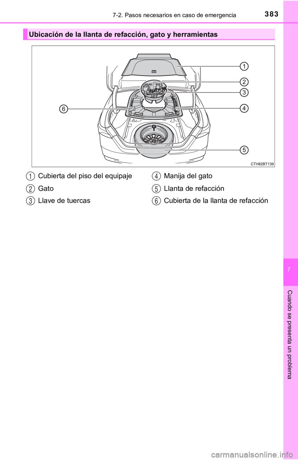 TOYOTA CAMRY HYBRID 2019 Manual del propietario (in Spanish) 3837-2. Pasos necesarios en caso de emergencia
7
Cuando se presenta un problema
Ubicación de la llanta de refacción, gato y herramientas
Cubierta del piso del equipaje
Gato
Llave de tuercasManija de TOYOTA CAMRY HYBRID 2019 Manual del propietario (in Spanish) 3837-2. Pasos necesarios en caso de emergencia
7
Cuando se presenta un problema
Ubicación de la llanta de refacción, gato y herramientas
Cubierta del piso del equipaje
Gato
Llave de tuercasManija de