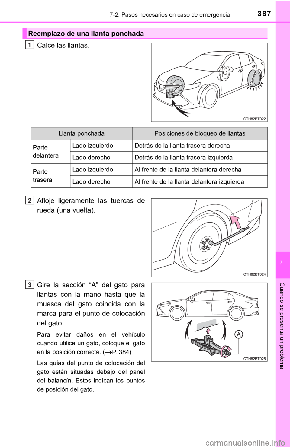 TOYOTA CAMRY HYBRID 2019 Manual del propietario (in Spanish) 3877-2. Pasos necesarios en caso de emergencia
7
Cuando se presenta un problema
Calce las llantas.
Afloje ligeramente las tuercas de
rueda (una vuelta).
Gire la sección “A” del gato par TOYOTA CAMRY HYBRID 2019 Manual del propietario (in Spanish) 3877-2. Pasos necesarios en caso de emergencia
7
Cuando se presenta un problema
Calce las llantas.
Afloje ligeramente las tuercas de
rueda (una vuelta).
Gire la sección “A” del gato par