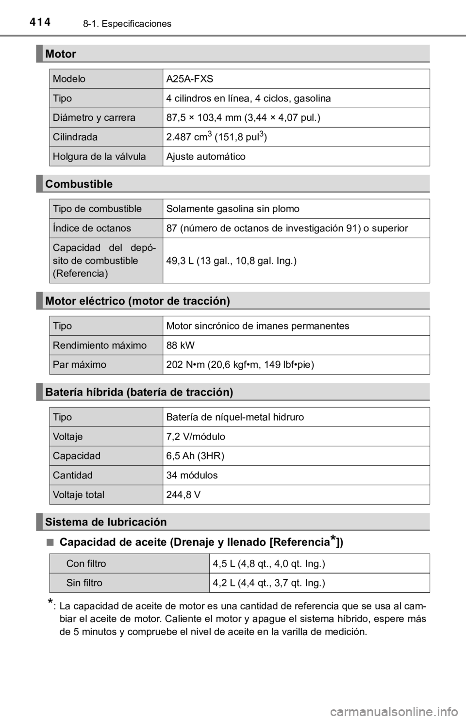 TOYOTA CAMRY HYBRID 2019  Manual del propietario (in Spanish) 4148-1. Especificaciones
■Capacidad de aceite (Drenaje y llenado [Referencia*])
*: La capacidad de aceite de motor es una cantidad de referencia que se usa al cam-biar el aceite de motor. Caliente e