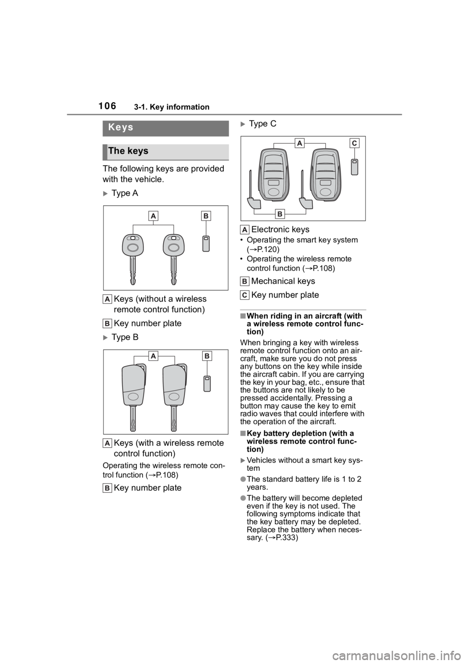TOYOTA COROLLA 2023 Owners Manual 1063-1. Key information
3-1.Key information
The following keys are provided
with the vehicle.
Ty p e AKeys (without a wireless
remote control function)
Key number plate
Ty p e BKeys (with a w TOYOTA COROLLA 2023 Owners Manual 1063-1. Key information
3-1.Key information
The following keys are provided
with the vehicle.
Ty p e AKeys (without a wireless
remote control function)
Key number plate
Ty p e BKeys (with a w