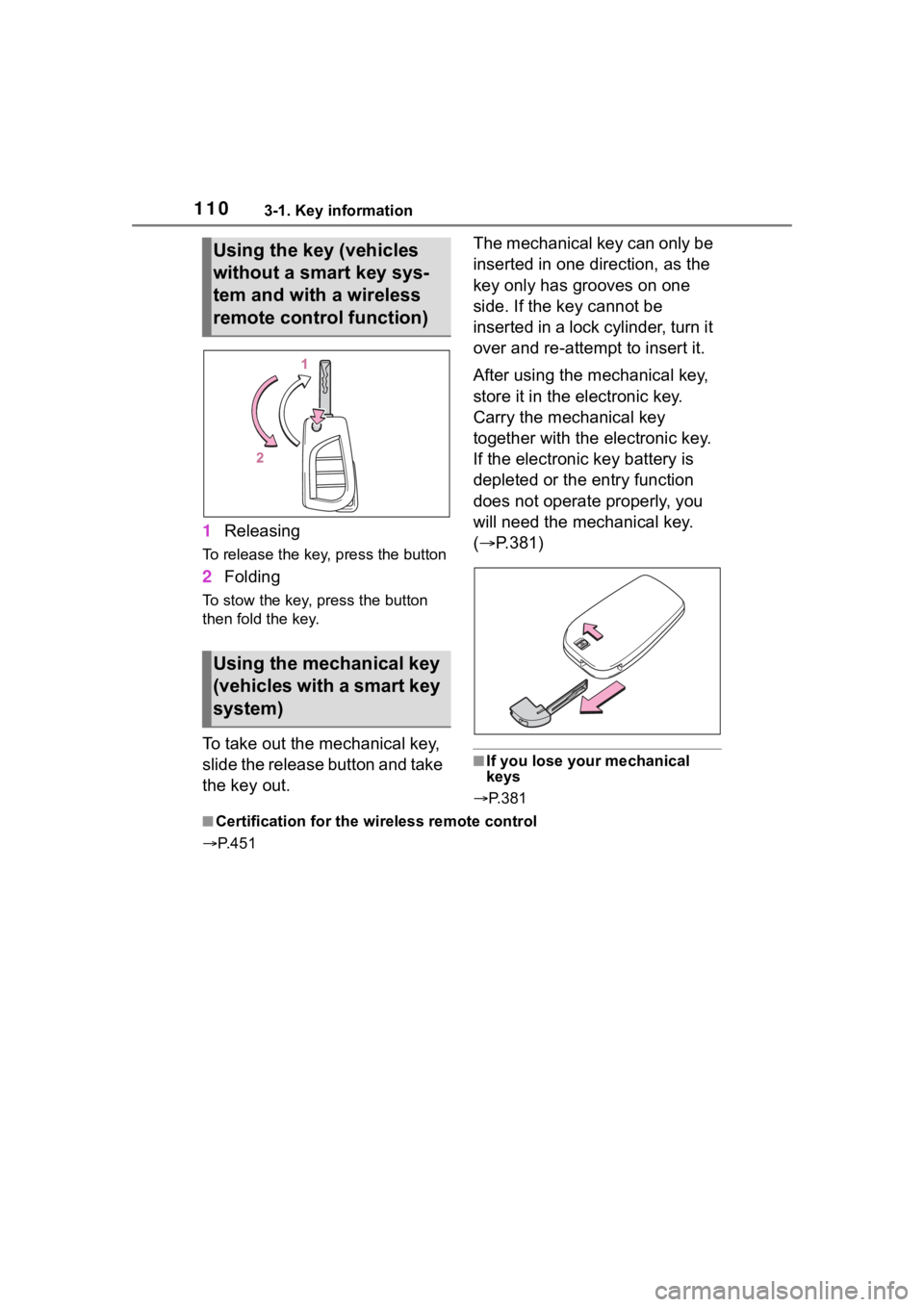 TOYOTA COROLLA 2023 Owners Manual 1103-1. Key information
1Releasing
To release the key, press the button
2Folding
To stow the key, press the button
then fold the key.
To take out the mechanical key,
slide the release button and tak TOYOTA COROLLA 2023 Owners Manual 1103-1. Key information
1Releasing
To release the key, press the button
2Folding
To stow the key, press the button
then fold the key.
To take out the mechanical key,
slide the release button and tak