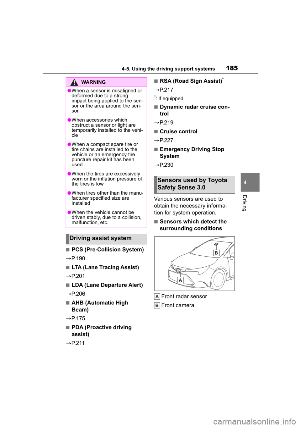 TOYOTA COROLLA 2023 User Guide 1854-5. Using the driving support systems
4
Driving
■PCS (Pre-Collision System)
P.190
■LTA (Lane Tracing Assist)
P.201
■LDA (Lane Departure Alert)
P.206
■AHB (Automatic High
Beam) TOYOTA COROLLA 2023 User Guide 1854-5. Using the driving support systems
4
Driving
■PCS (Pre-Collision System)
P.190
■LTA (Lane Tracing Assist)
P.201
■LDA (Lane Departure Alert)
P.206
■AHB (Automatic High
Beam)