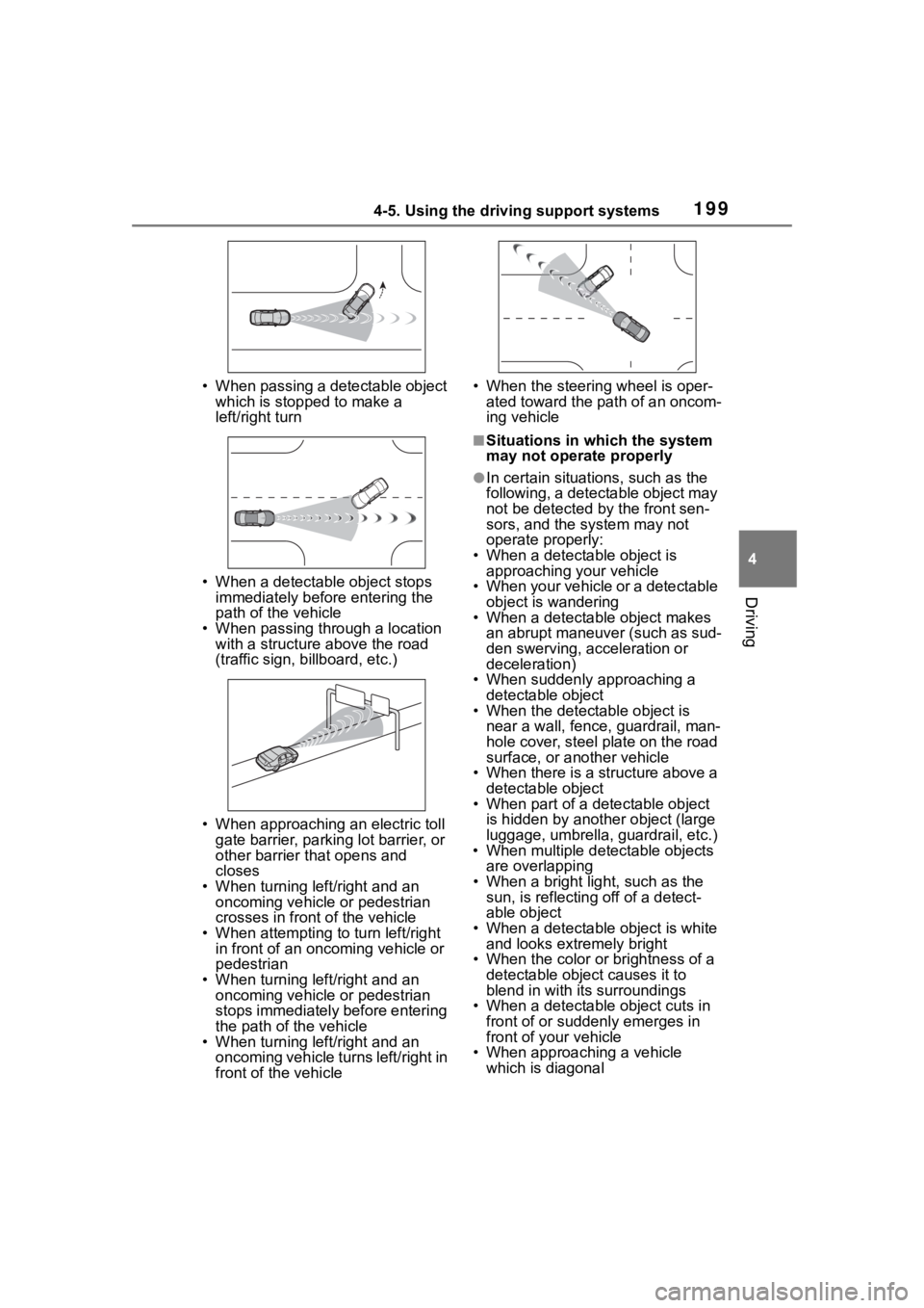 TOYOTA COROLLA 2023 Owners Manual 1994-5. Using the driving support systems
4
Driving
• When passing a detectable object which is stopped to make a
left/right turn
• When a detectable object stops immediately before entering the TOYOTA COROLLA 2023 Owners Manual 1994-5. Using the driving support systems
4
Driving
• When passing a detectable object which is stopped to make a
left/right turn
• When a detectable object stops immediately before entering the