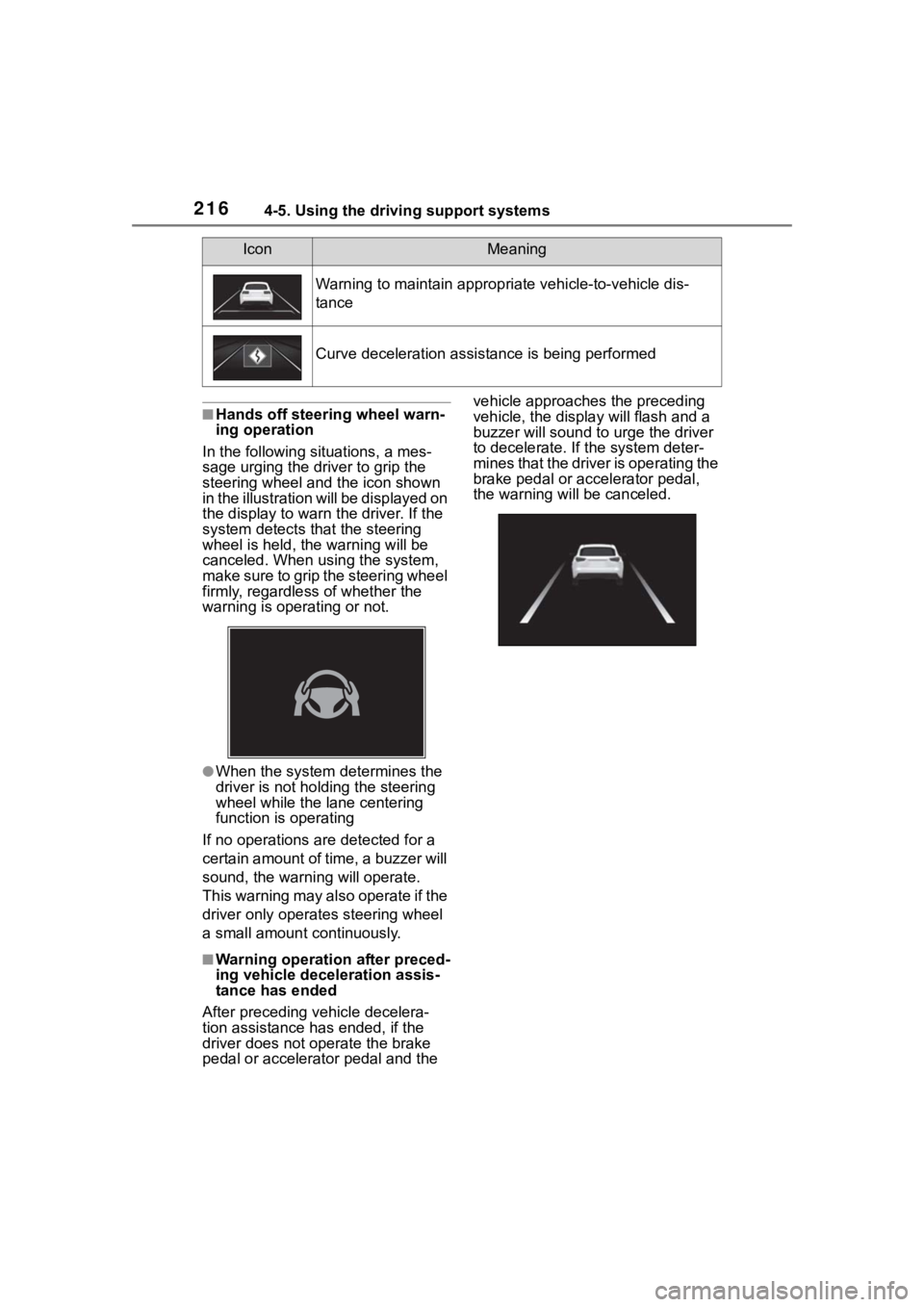 TOYOTA COROLLA 2023  Owners Manual 2164-5. Using the driving support systems
■Hands off steering wheel warn-
ing operation
In the following situations, a mes-
sage urging the dr iver to grip the 
steering wheel and the icon shown 
in