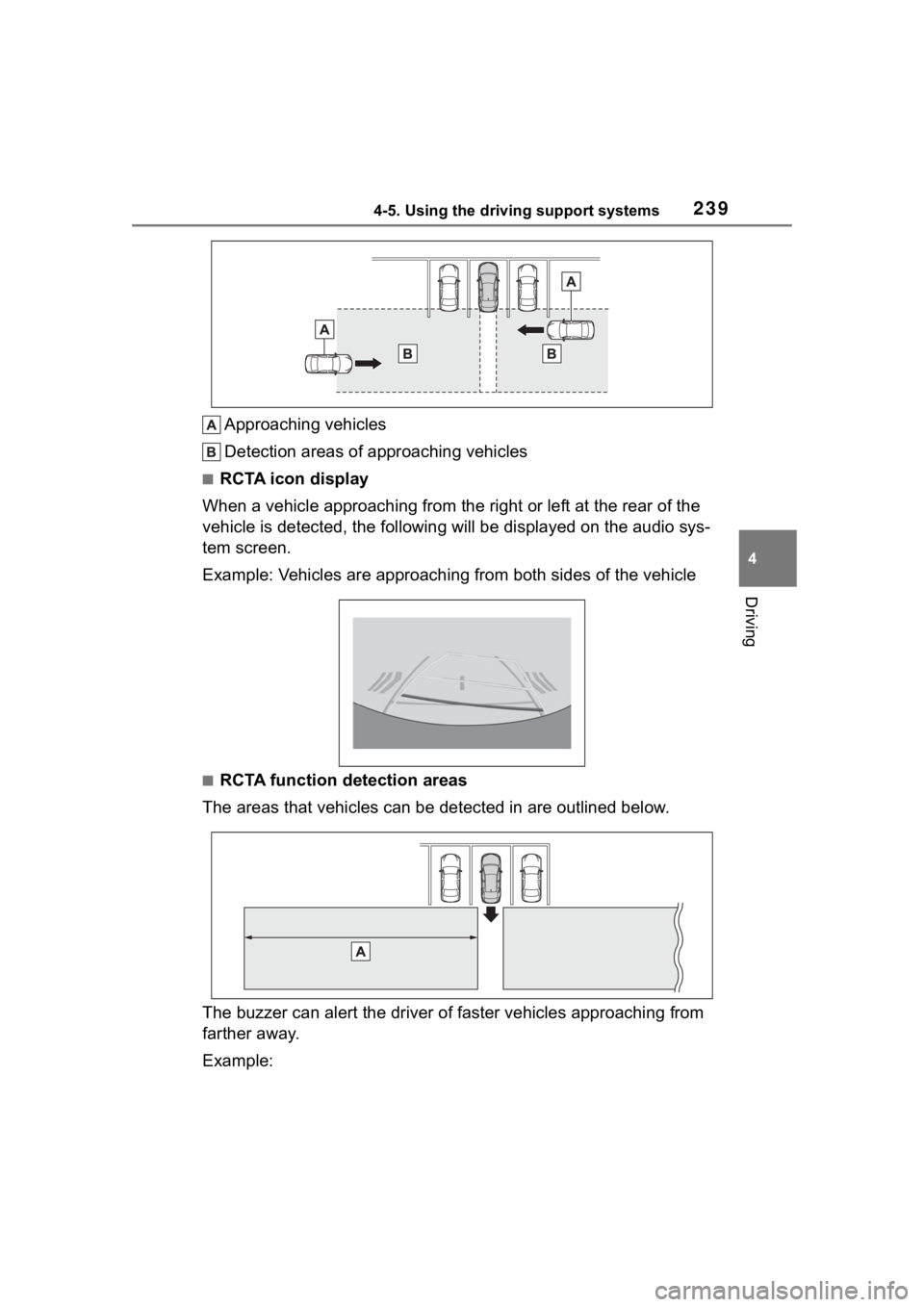 TOYOTA COROLLA 2023 Owners Manual 2394-5. Using the driving support systems
4
Driving
Approaching vehicles
Detection areas of approaching vehicles
■RCTA icon display
When a vehicle approaching from the right or left at the rear o f TOYOTA COROLLA 2023 Owners Manual 2394-5. Using the driving support systems
4
Driving
Approaching vehicles
Detection areas of approaching vehicles
■RCTA icon display
When a vehicle approaching from the right or left at the rear o f