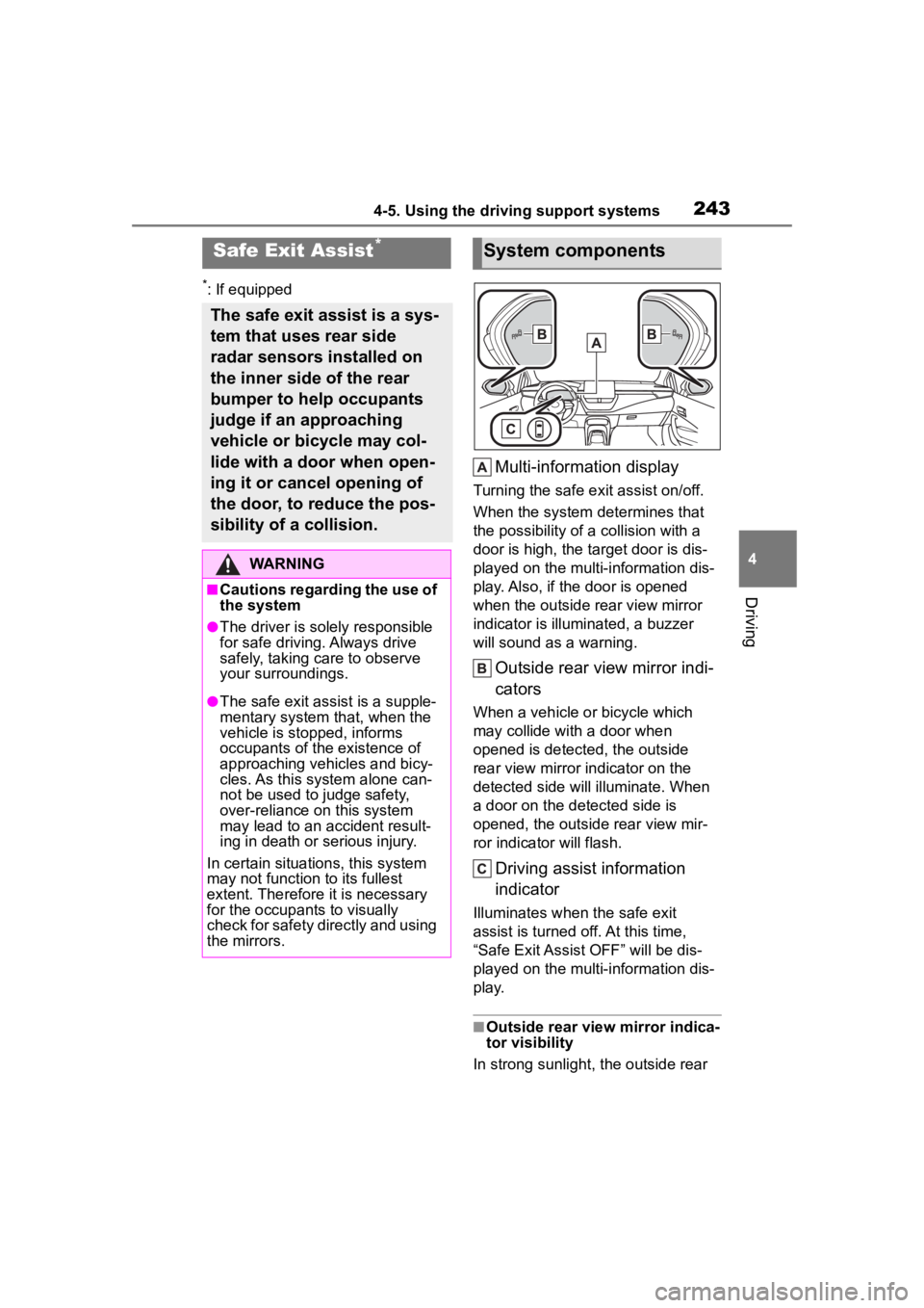 TOYOTA COROLLA 2023 Owners Manual 2434-5. Using the driving support systems
4
Driving
*: If equipped
Multi-information display
Turning the safe exit assist on/off.
When the system determines that
the possibility of a collision with TOYOTA COROLLA 2023 Owners Manual 2434-5. Using the driving support systems
4
Driving
*: If equipped
Multi-information display
Turning the safe exit assist on/off.
When the system determines that
the possibility of a collision with