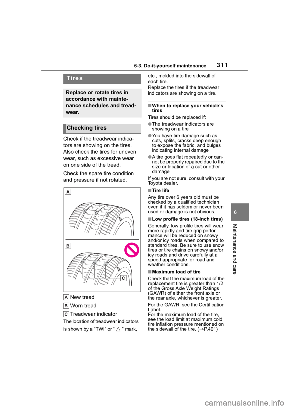 TOYOTA COROLLA 2023 Owners Manual 3116-3. Do-it-yourself maintenance
6
Maintenance and care
Check if the treadwear indica-
tors are showing on the tires.
Also check the tires for uneven
wear, such as excessive wear
on one side of t TOYOTA COROLLA 2023 Owners Manual 3116-3. Do-it-yourself maintenance
6
Maintenance and care
Check if the treadwear indica-
tors are showing on the tires.
Also check the tires for uneven
wear, such as excessive wear
on one side of t