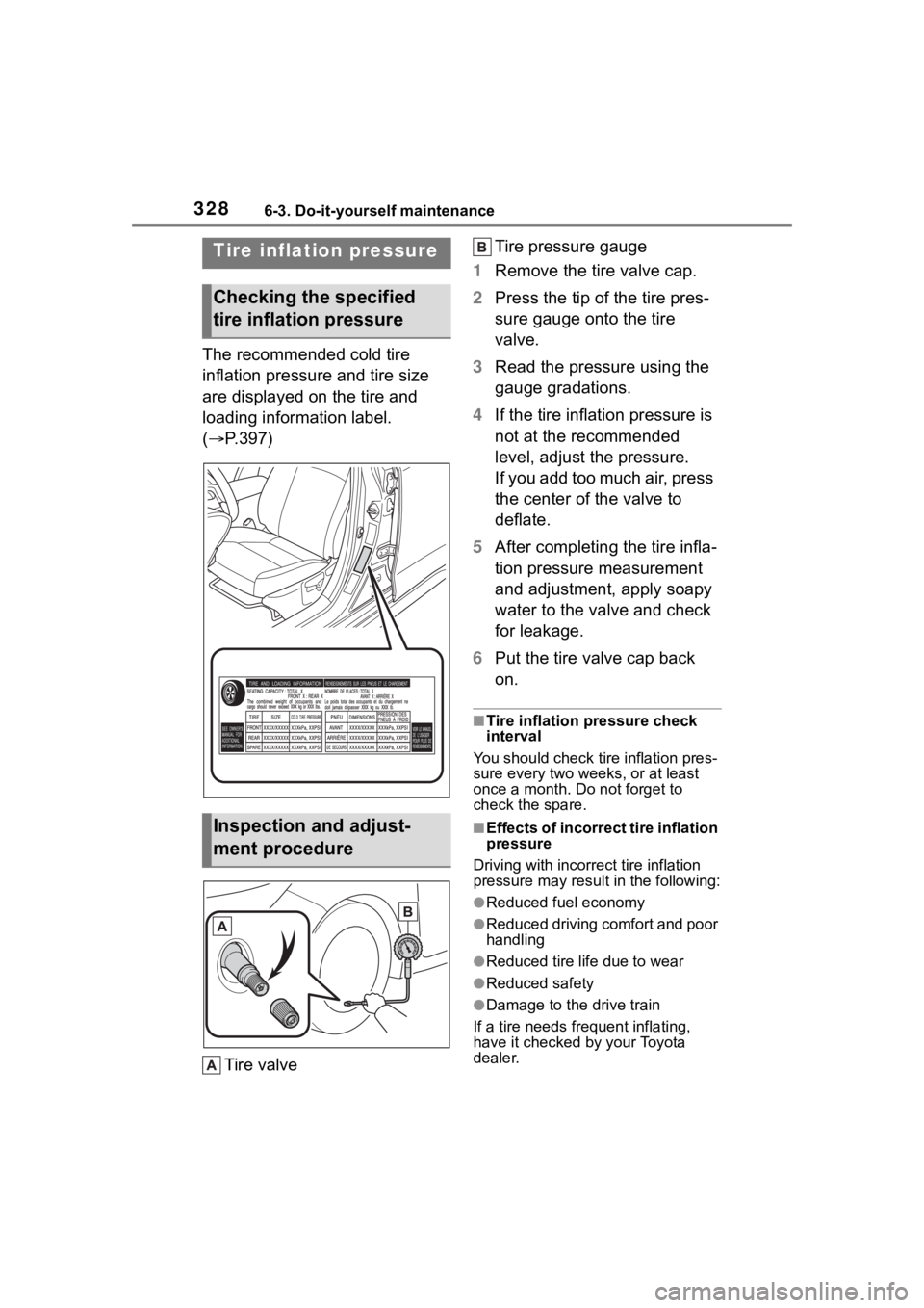 TOYOTA COROLLA 2023 Owners Manual 3286-3. Do-it-yourself maintenance
The recommended cold tire
inflation pressure and tire size
are displayed on the tire and
loading information label.
(P.397)
Tire valve Tire pressure gauge
1 R TOYOTA COROLLA 2023 Owners Manual 3286-3. Do-it-yourself maintenance
The recommended cold tire
inflation pressure and tire size
are displayed on the tire and
loading information label.
(P.397)
Tire valve Tire pressure gauge
1 R