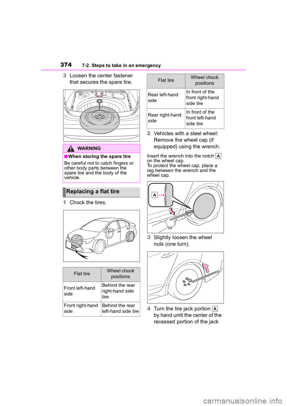 TOYOTA COROLLA 2023  Owners Manual 3747-2. Steps to take in an emergency
3Loosen the center fastener 
that secures the spare tire.
1 Chock the tires. 2
Vehicles with a steel wheel: 
Remove the wheel cap (if 
equipped) using the wrench.
