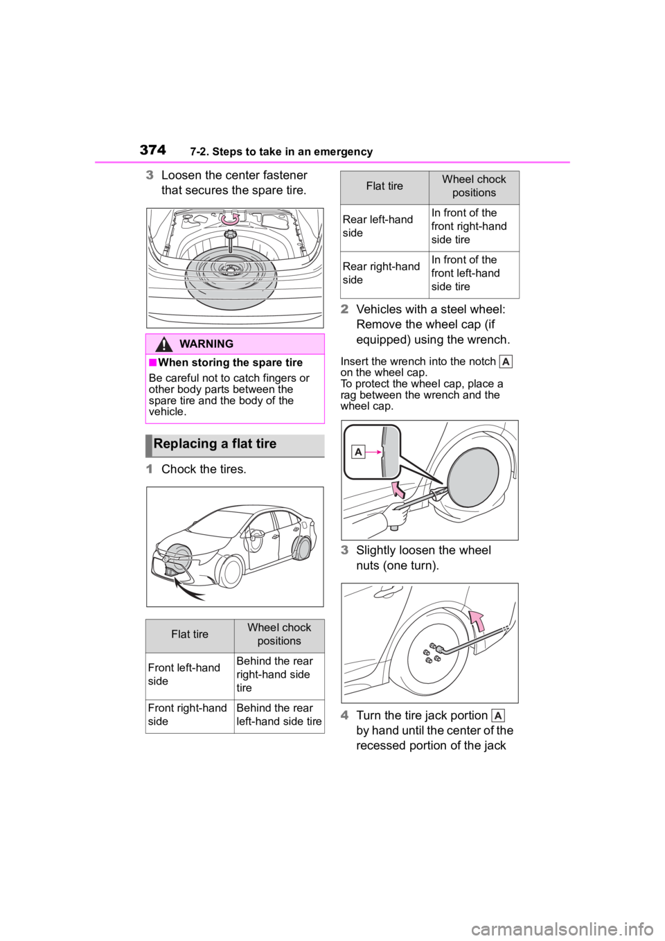 TOYOTA COROLLA 2023 Owners Manual 3747-2. Steps to take in an emergency
3Loosen the center fastener
that secures the spare tire.
1 Chock the tires. 2
Vehicles with a steel wheel:
Remove the wheel cap (if
equipped) using the wrench. TOYOTA COROLLA 2023 Owners Manual 3747-2. Steps to take in an emergency
3Loosen the center fastener
that secures the spare tire.
1 Chock the tires. 2
Vehicles with a steel wheel:
Remove the wheel cap (if
equipped) using the wrench.