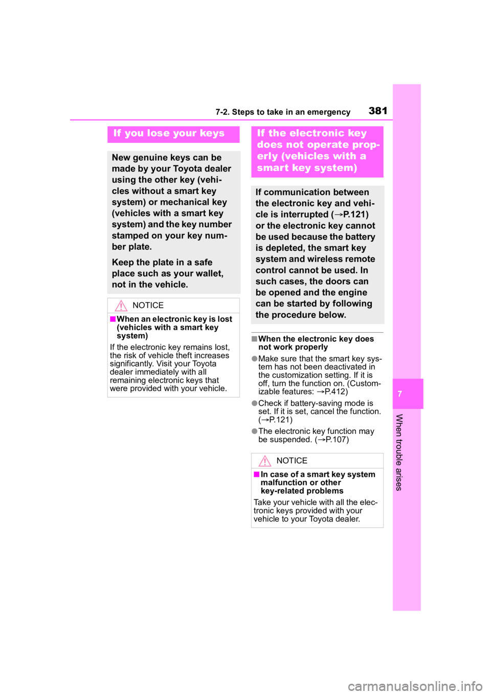 TOYOTA COROLLA 2023 Owners Manual 3817-2. Steps to take in an emergency
7
When trouble arises
■When the electronic key does
not work properly
●Make sure that the smart key sys-
tem has not been deactivated in
the customization s TOYOTA COROLLA 2023 Owners Manual 3817-2. Steps to take in an emergency
7
When trouble arises
■When the electronic key does
not work properly
●Make sure that the smart key sys-
tem has not been deactivated in
the customization s