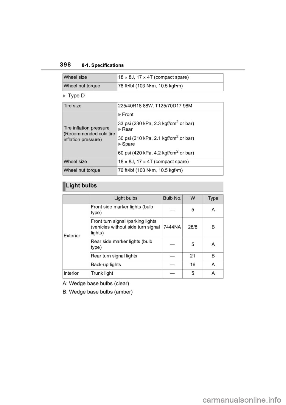 TOYOTA COROLLA 2023  Owners Manual 3988-1. Specifications
Ty p e  D
A: Wedge base bulbs (clear)
B: Wedge base bulbs (amber)
Wheel size18   8J, 17   4T (compact spare)
Wheel nut torque76 ft•lbf (103 N•m, 10.5 kgf•m)
Tire 