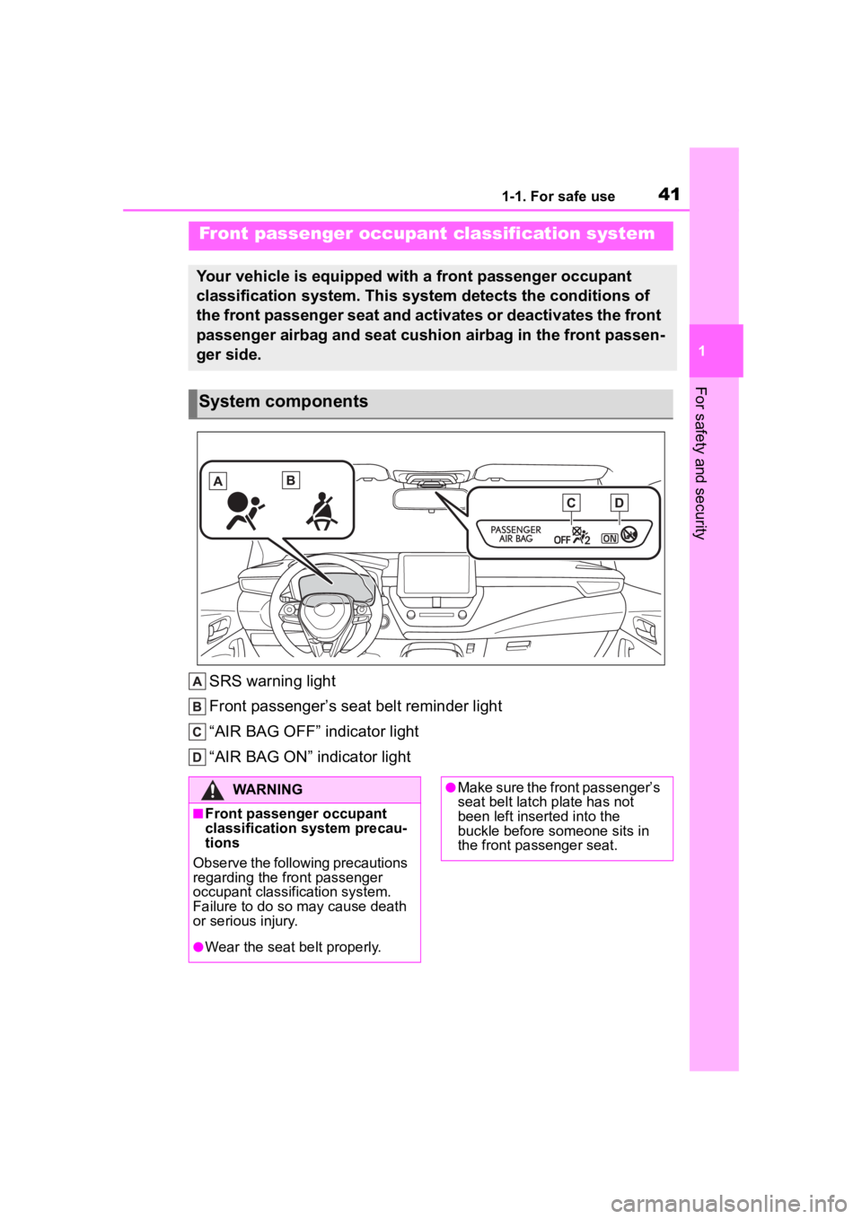 TOYOTA COROLLA 2023 Service Manual 411-1. For safe use
1
For safety and security
SRS warning light
Front passenger’s seat belt reminder light
“AIR BAG OFF” indicator light
“AIR BAG ON” indicator light
Front passenger occupant