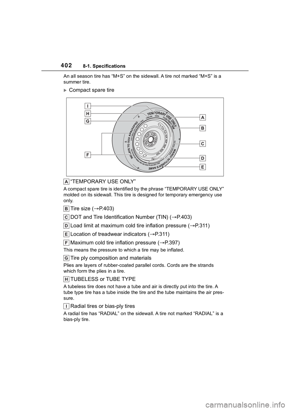 TOYOTA COROLLA 2023 Owners Manual 4028-1. Specifications
An all season tire has “M+S” on the sidewal l. A tire not marked “M+S” is a
summer tire.
Compact spare tire
“TEMPORARY USE ONLY”
A compact spare tire is identifi TOYOTA COROLLA 2023 Owners Manual 4028-1. Specifications
An all season tire has “M+S” on the sidewal l. A tire not marked “M+S” is a
summer tire.
Compact spare tire
“TEMPORARY USE ONLY”
A compact spare tire is identifi