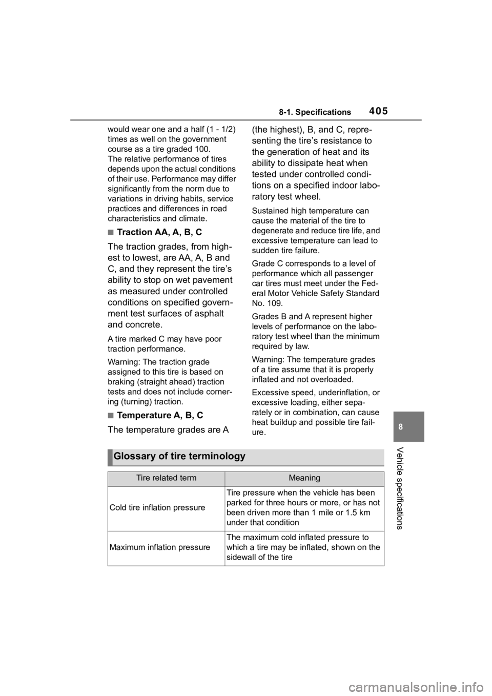 TOYOTA COROLLA 2023 Owners Manual 4058-1. Specifications
8
Vehicle specifications
would wear one and a half (1 - 1/2)
times as well on the government
course as a tire graded 100.
The relative performance of tires
depends upon the a TOYOTA COROLLA 2023 Owners Manual 4058-1. Specifications
8
Vehicle specifications
would wear one and a half (1 - 1/2)
times as well on the government
course as a tire graded 100.
The relative performance of tires
depends upon the a
