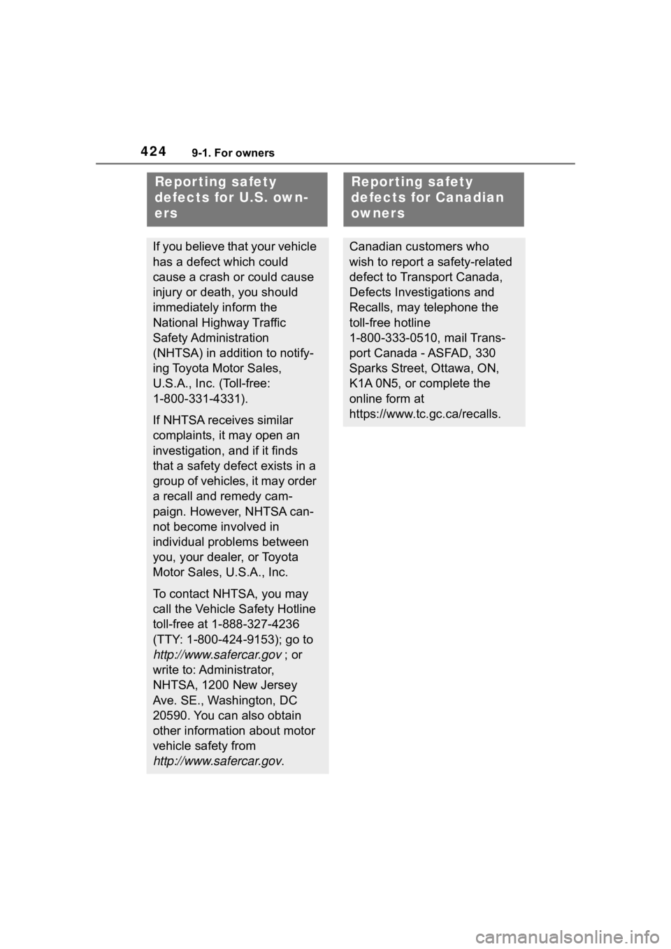 TOYOTA COROLLA 2023 Owners Manual 4249-1. For owners
9-1.For owners
Repor ting safety
defects for U.S. own-
ers
If you believe that your vehicle
has a defect which could
cause a crash or could cause
injury or death, you should
im TOYOTA COROLLA 2023 Owners Manual 4249-1. For owners
9-1.For owners
Repor ting safety
defects for U.S. own-
ers
If you believe that your vehicle
has a defect which could
cause a crash or could cause
injury or death, you should
im