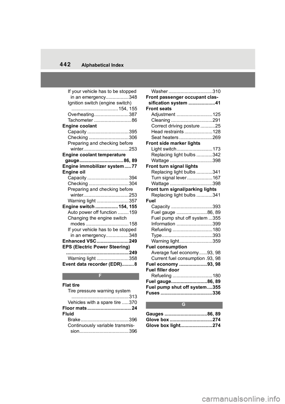 TOYOTA COROLLA 2023  Owners Manual 442Alphabetical Index
If your vehicle has to be stopped in an emergency................. 348
Ignition switch (engine switch) ................................... 154, 155
Overheating...................