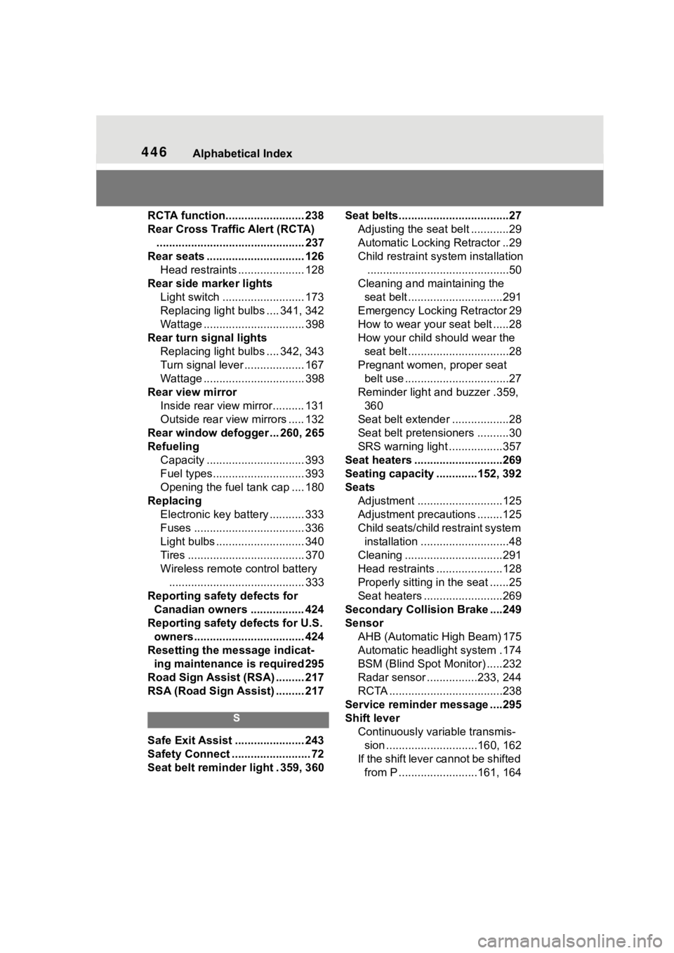 TOYOTA COROLLA 2023  Owners Manual 446Alphabetical Index
RCTA function......................... 238
Rear Cross Traffic Alert (RCTA)............................................... 237
Rear seats ............................... 126 Head 
