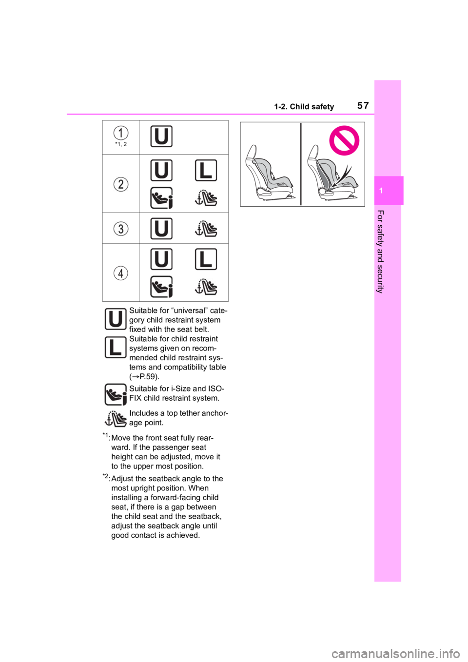 TOYOTA COROLLA 2023 Workshop Manual 571-2. Child safety
1
For safety and security
*1: Move the front seat fully rear-ward. If the passenger seat
height can be adjusted, move it
to the upper most position.
*2: Adjust the seatback angle TOYOTA COROLLA 2023 Workshop Manual 571-2. Child safety
1
For safety and security
*1: Move the front seat fully rear-ward. If the passenger seat
height can be adjusted, move it
to the upper most position.
*2: Adjust the seatback angle