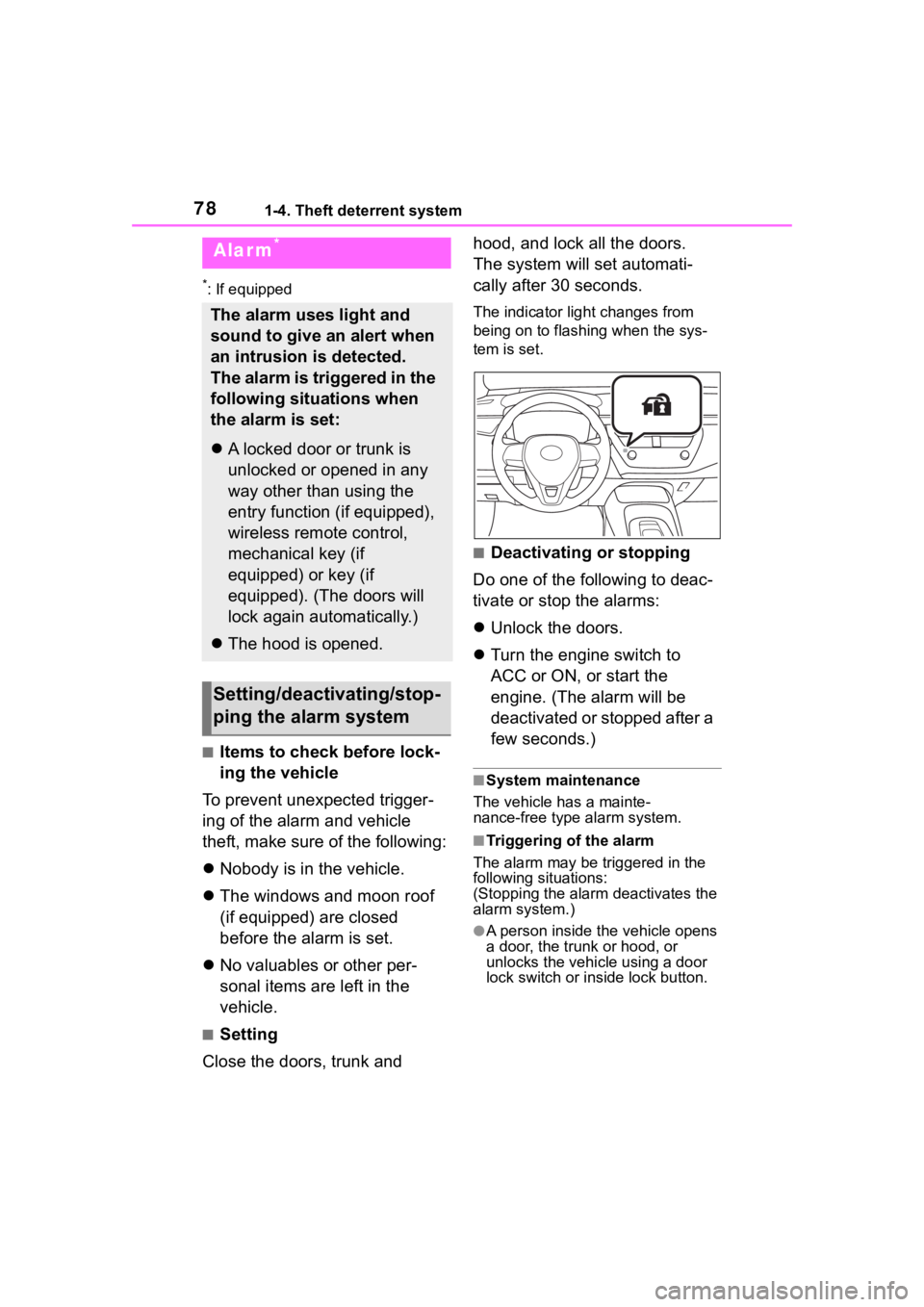 TOYOTA COROLLA 2023 Manual PDF 781-4. Theft deterrent system
*: If equipped
■Items to check before lock-
ing the vehicle
To prevent unexpected trigger-
ing of the alarm and vehicle
theft, make sure of the following:
Nobody i TOYOTA COROLLA 2023 Manual PDF 781-4. Theft deterrent system
*: If equipped
■Items to check before lock-
ing the vehicle
To prevent unexpected trigger-
ing of the alarm and vehicle
theft, make sure of the following:
Nobody i