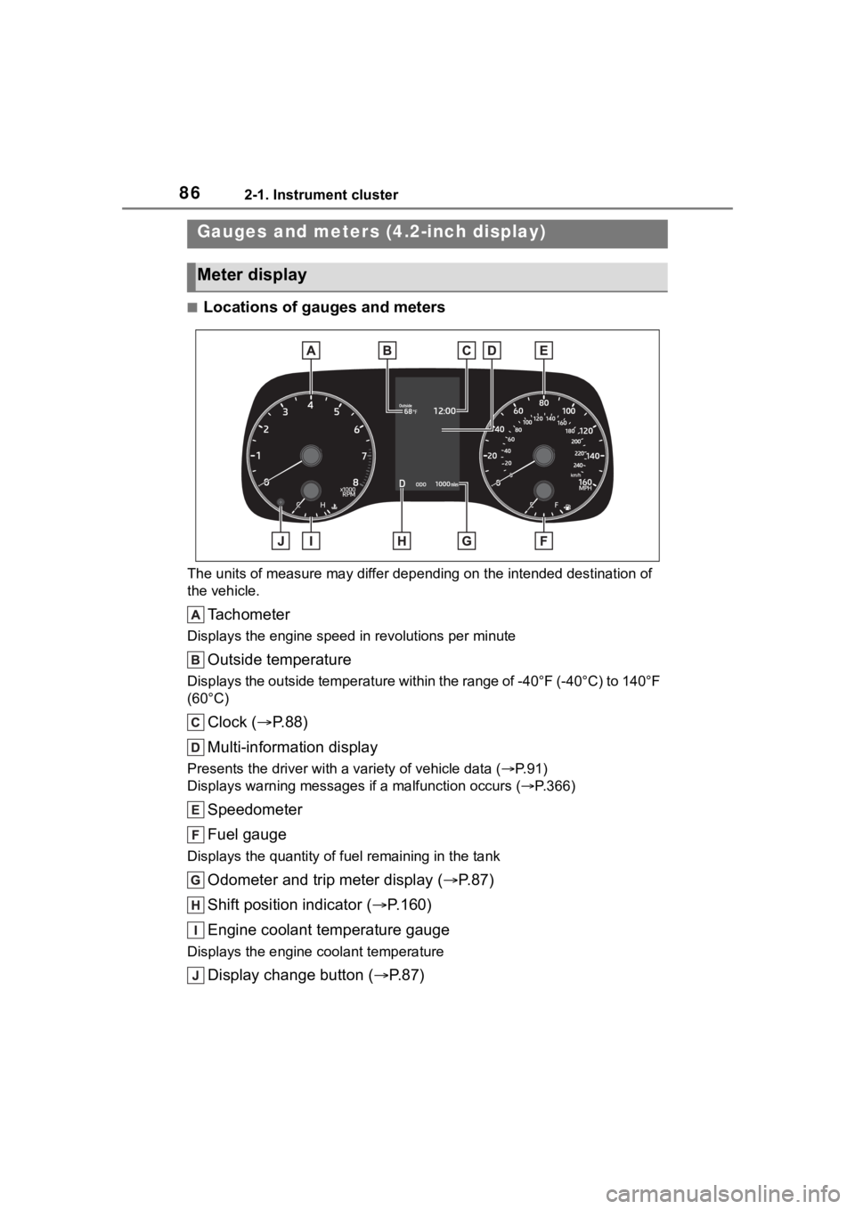 TOYOTA COROLLA 2023  Owners Manual 862-1. Instrument cluster
■Locations of gauges and meters
The units of measure may differ depending on the intended destination of 
the vehicle.
Tachometer
Displays the engine speed in revolutions p