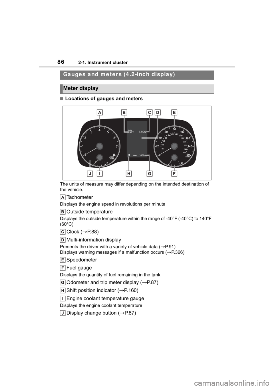 TOYOTA COROLLA 2023 Manual Online 862-1. Instrument cluster
■Locations of gauges and meters
The units of measure may differ depending on the intended destination of 
the vehicle.
Tachometer
Displays the engine speed in revolutions p