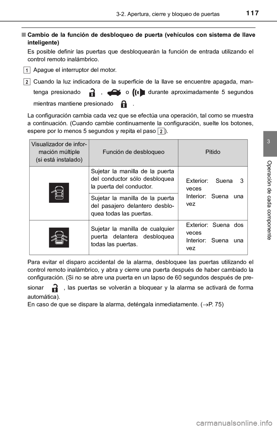 TOYOTA COROLLA 2019  Manual del propietario (in Spanish) 1173-2. Apertura, cierre y bloqueo de puertas
3
Operación de cada componente
■Cambio  de  la  función  de  desbloqueo  de  puerta  (vehículos  con  sistema  de  llave
inteligente)
Es  posible  de