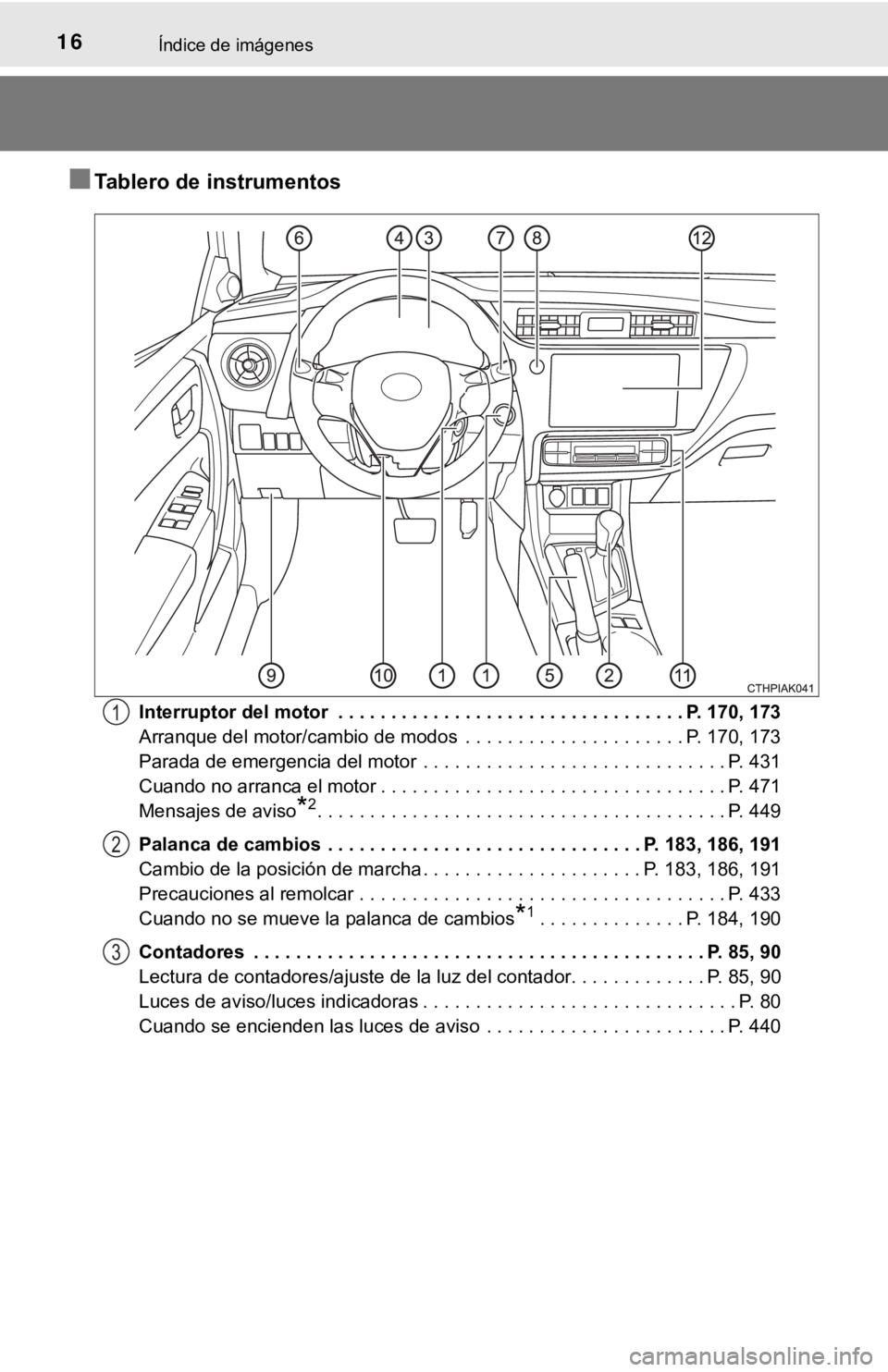 TOYOTA COROLLA 2019 Manual del propietario (in Spanish) 16Índice de imágenes
■Tablero de instrumentos
Interruptor del motor . . . . . . . . . . . . . . . . . . . . . . . . . . . . . . . . . P. 170, 173
Arranque del motor/cambio de modos . . . . . . . TOYOTA COROLLA 2019 Manual del propietario (in Spanish) 16Índice de imágenes
■Tablero de instrumentos
Interruptor del motor . . . . . . . . . . . . . . . . . . . . . . . . . . . . . . . . . P. 170, 173
Arranque del motor/cambio de modos . . . . . . .
