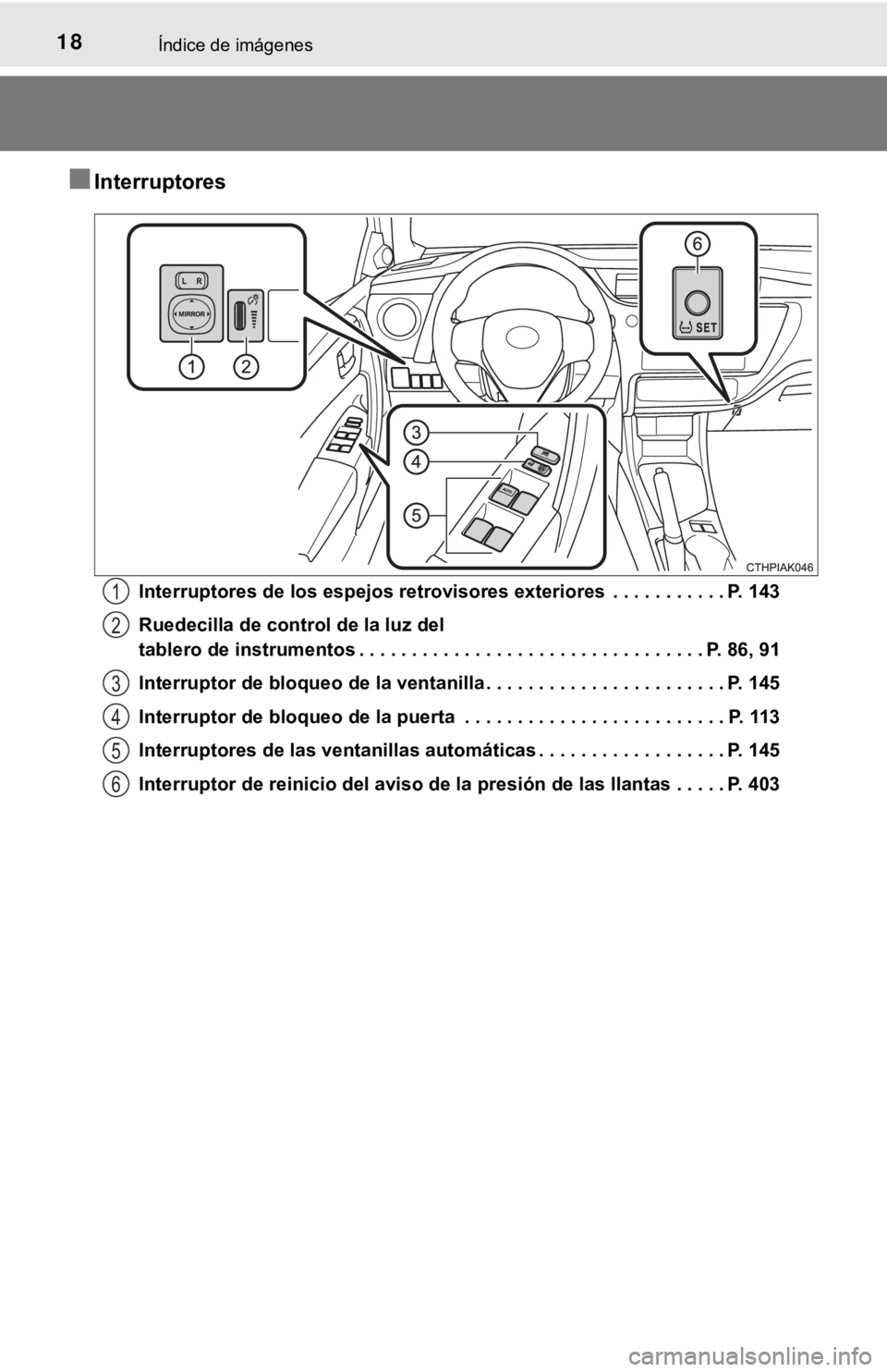 TOYOTA COROLLA 2019 Manual del propietario (in Spanish) 18Índice de imágenes
■Interruptores
Interruptores de los espejos retrovisores exteriores . . . . . . . . . . . P. 143
Ruedecilla de control de la luz del
tablero de instrumentos . . . . . . . . TOYOTA COROLLA 2019 Manual del propietario (in Spanish) 18Índice de imágenes
■Interruptores
Interruptores de los espejos retrovisores exteriores . . . . . . . . . . . P. 143
Ruedecilla de control de la luz del
tablero de instrumentos . . . . . . . .