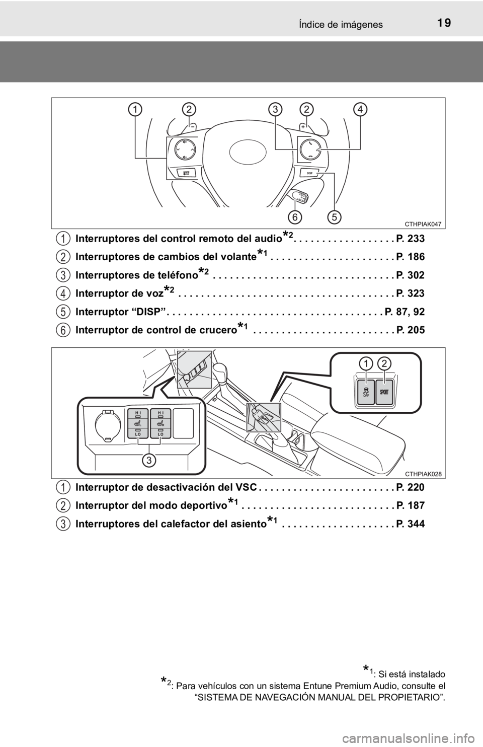 TOYOTA COROLLA 2019  Manual del propietario (in Spanish) 19Índice de imágenes
Interruptores del control remoto del audio*2. . . . . . . . . . . . . . . . . . P. 233
Interruptores de cambios del volante
*1. . . . . . . . . . . . . . . . . . . . . . P. 186
