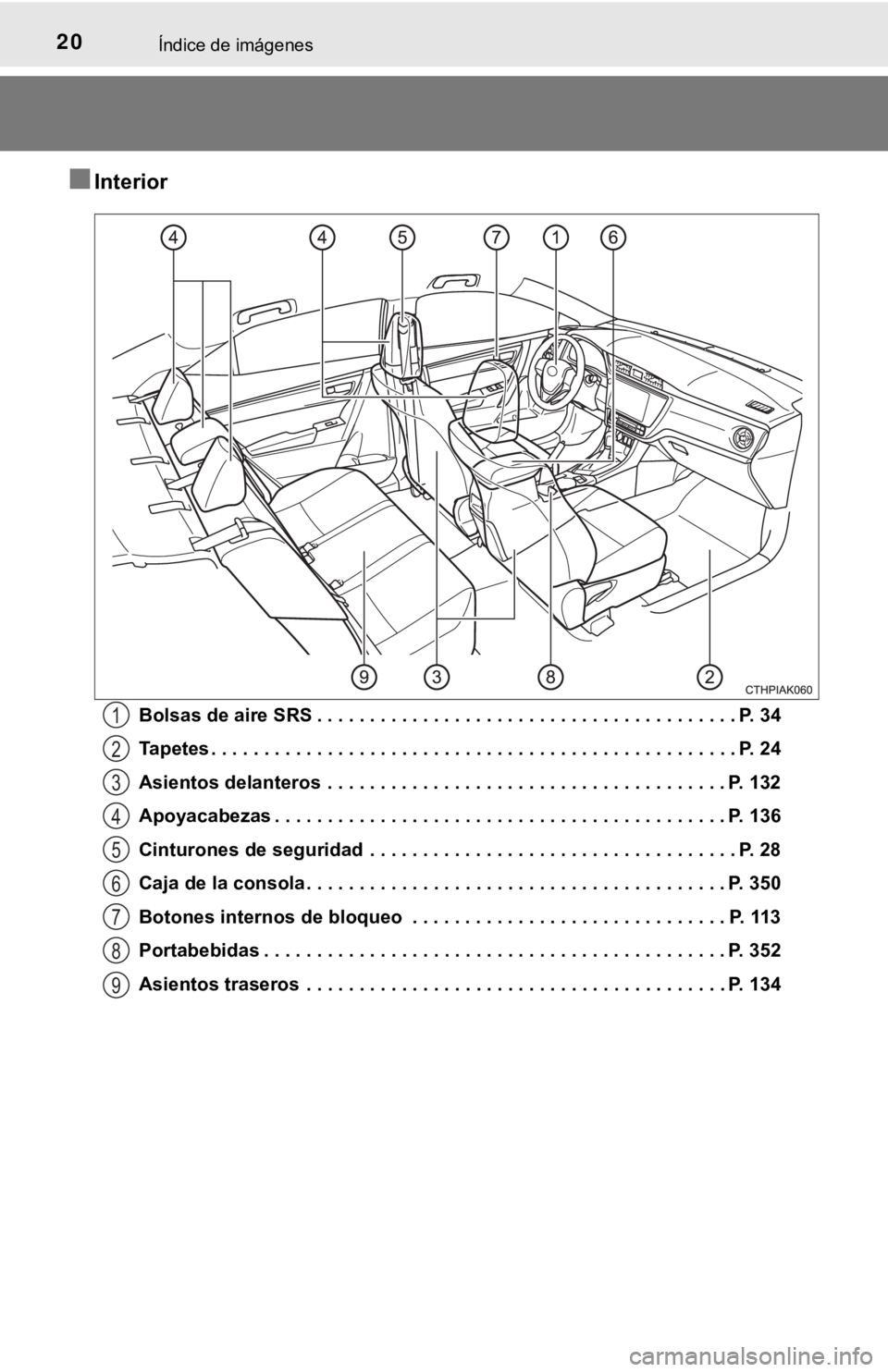 TOYOTA COROLLA 2019 Manual del propietario (in Spanish) 20Índice de imágenes
■Interior
Bolsas de aire SRS . . . . . . . . . . . . . . . . . . . . . . . . . . . . . . . . . . . . . . . . P. 34
Tapetes . . . . . . . . . . . . . . . . . . . . . . . . . . TOYOTA COROLLA 2019 Manual del propietario (in Spanish) 20Índice de imágenes
■Interior
Bolsas de aire SRS . . . . . . . . . . . . . . . . . . . . . . . . . . . . . . . . . . . . . . . . P. 34
Tapetes . . . . . . . . . . . . . . . . . . . . . . . . . .