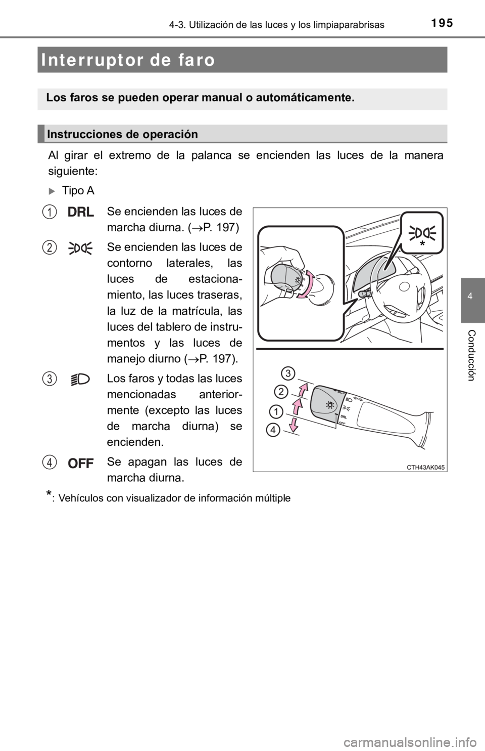 TOYOTA COROLLA 2019 Manual del propietario (in Spanish) 195
4
Conducción
4-3. Utilización de las luces y los limpiaparabrisas
Al girar el extremo de la palanca se encienden las luces de la manera
siguiente:
Tipo A
Se encienden las luces de TOYOTA COROLLA 2019 Manual del propietario (in Spanish) 195
4
Conducción
4-3. Utilización de las luces y los limpiaparabrisas
Al girar el extremo de la palanca se encienden las luces de la manera
siguiente:
Tipo A
Se encienden las luces de