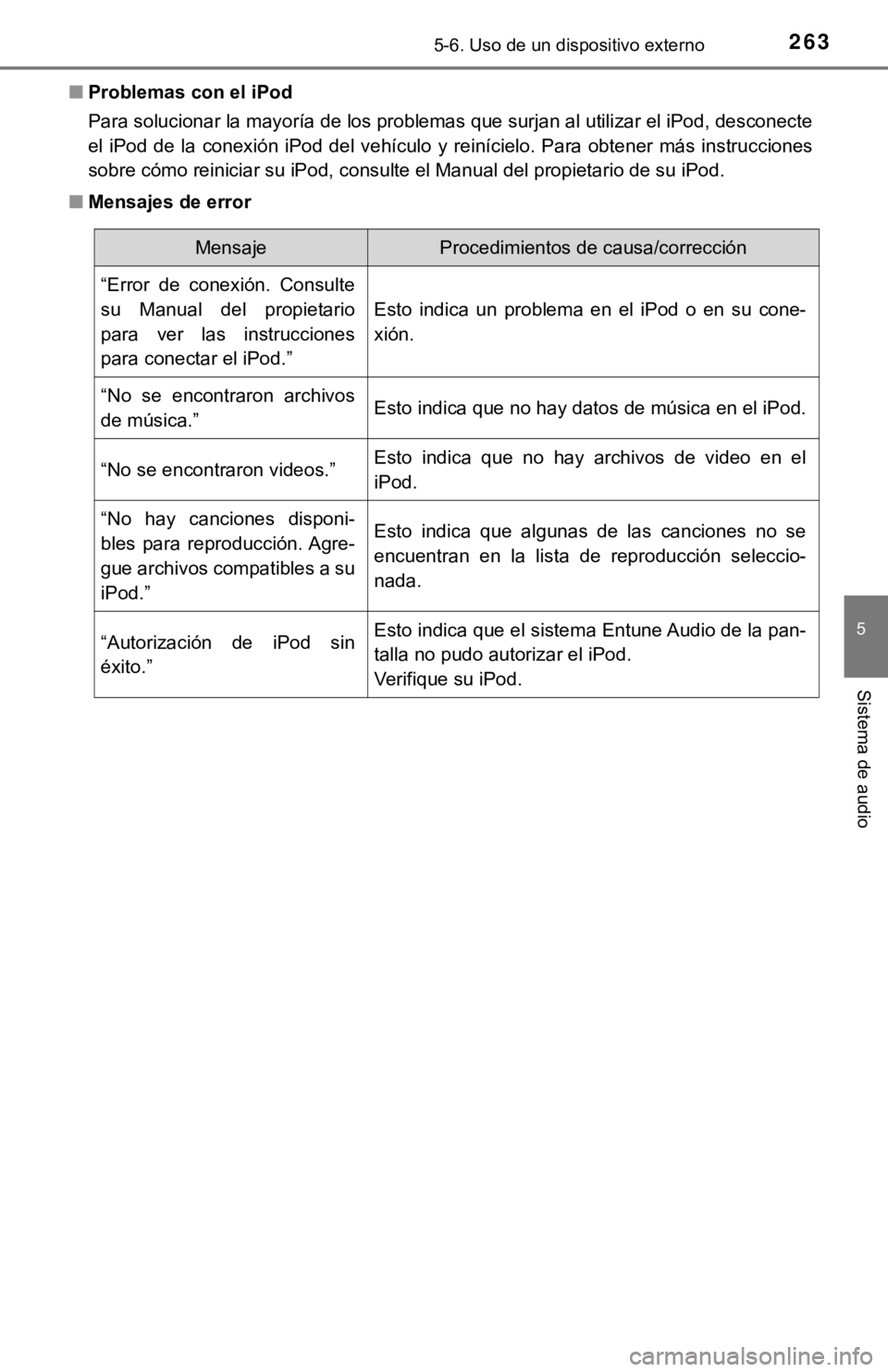 TOYOTA COROLLA 2019 Manual del propietario (in Spanish) 2635-6. Uso de un dispositivo externo
5
Sistema de audio
■Problemas con el iPod
Para solucionar la mayoría de los problemas que surjan al utilizar el iPod, desconecte
el iPod de la conexión iPod TOYOTA COROLLA 2019 Manual del propietario (in Spanish) 2635-6. Uso de un dispositivo externo
5
Sistema de audio
■Problemas con el iPod
Para solucionar la mayoría de los problemas que surjan al utilizar el iPod, desconecte
el iPod de la conexión iPod