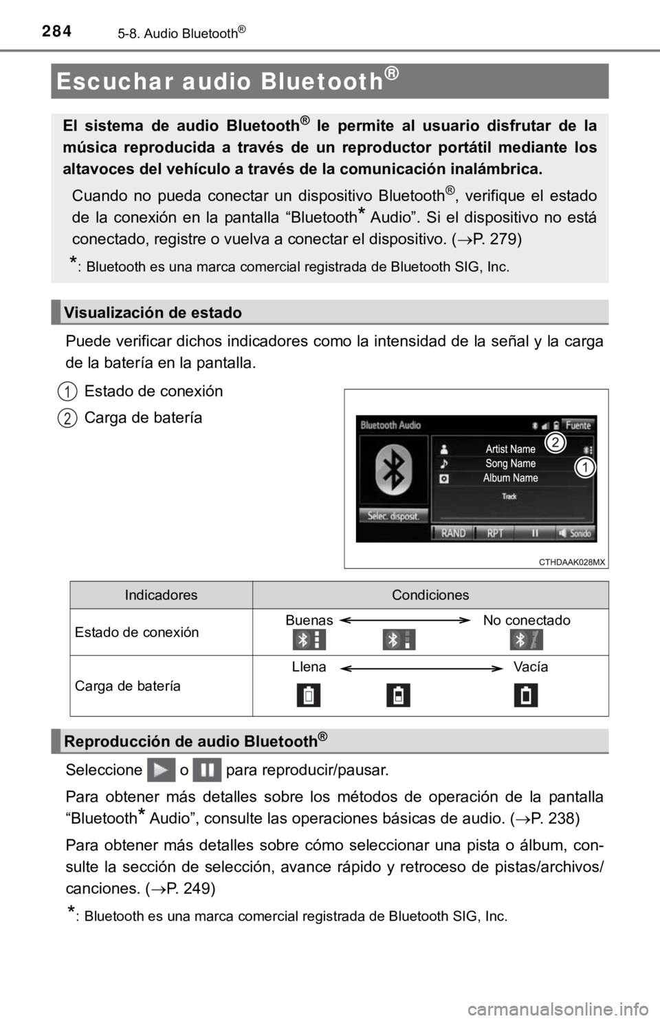 TOYOTA COROLLA 2019 Manual del propietario (in Spanish) 2845-8. Audio Bluetooth®
Puede verificar dichos indicadores como la intensidad de la señal y la carga
de la batería en la pantalla.
Estado de conexión
Carga de batería
Seleccione o para repro TOYOTA COROLLA 2019 Manual del propietario (in Spanish) 2845-8. Audio Bluetooth®
Puede verificar dichos indicadores como la intensidad de la señal y la carga
de la batería en la pantalla.
Estado de conexión
Carga de batería
Seleccione o para repro