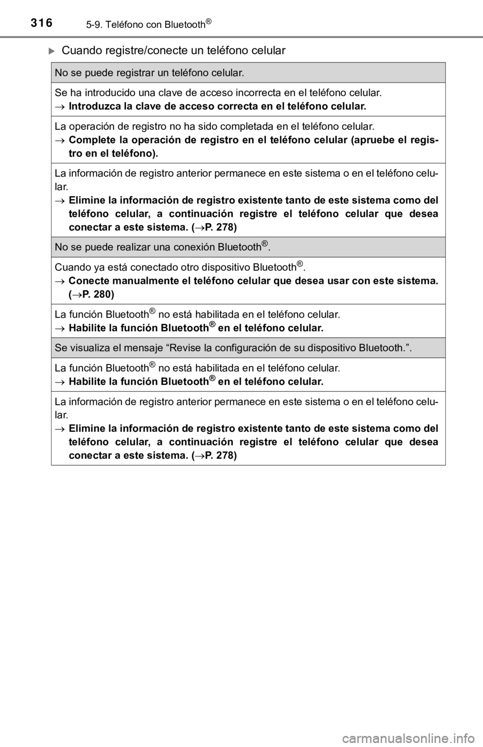 TOYOTA COROLLA 2019 Manual del propietario (in Spanish) 3165-9. Teléfono con Bluetooth®
Cuando registre/conecte un teléfono celular
No se puede registrar un teléfono celular.
Se ha introducido una clave de acceso incorrecta en el teléfono celular.
TOYOTA COROLLA 2019 Manual del propietario (in Spanish) 3165-9. Teléfono con Bluetooth®
Cuando registre/conecte un teléfono celular
No se puede registrar un teléfono celular.
Se ha introducido una clave de acceso incorrecta en el teléfono celular.