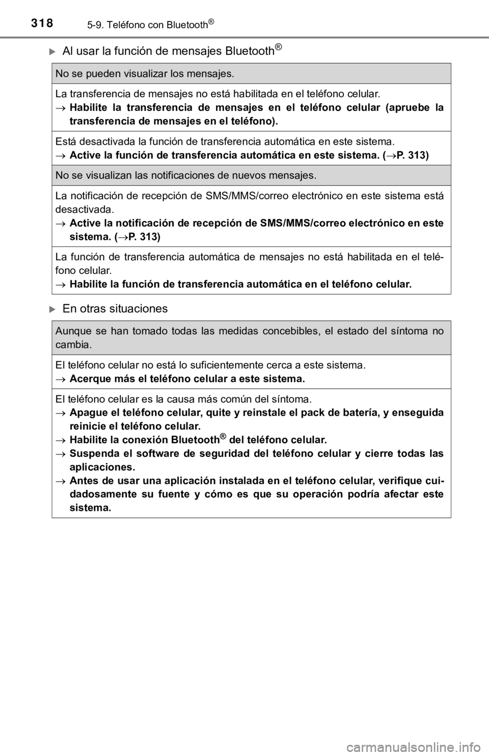 TOYOTA COROLLA 2019 Manual del propietario (in Spanish) 3185-9. Teléfono con Bluetooth®
Al usar la función de mensajes Bluetooth®
En otras situaciones
No se pueden visualizar los mensajes.
La transferencia de mensajes no está habilitada en el te TOYOTA COROLLA 2019 Manual del propietario (in Spanish) 3185-9. Teléfono con Bluetooth®
Al usar la función de mensajes Bluetooth®
En otras situaciones
No se pueden visualizar los mensajes.
La transferencia de mensajes no está habilitada en el te