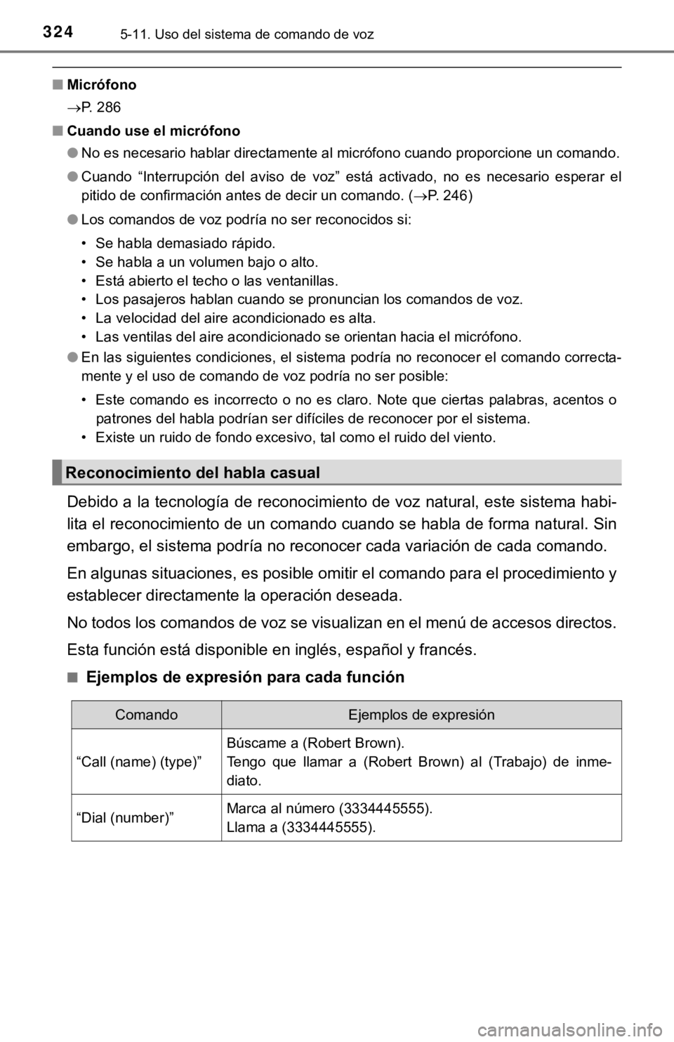 TOYOTA COROLLA 2019  Manual del propietario (in Spanish) 3245-11. Uso del sistema de comando de voz
■Micrófono
P. 286
■Cuando use el micrófono
●No es necesario hablar directamente al micrófono cuando proporcione un comando.
●Cuando  “Interru
