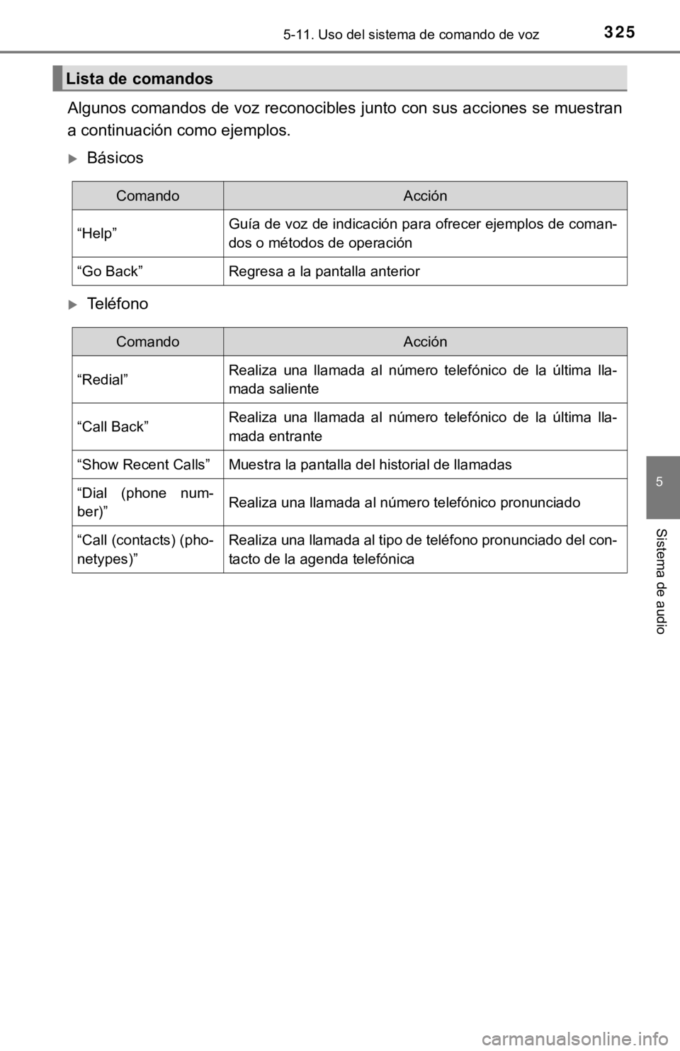 TOYOTA COROLLA 2019  Manual del propietario (in Spanish) 3255-11. Uso del sistema de comando de voz
5
Sistema de audio
Algunos comandos de voz reconocibles junto con sus acciones se muestran
a continuación como ejemplos.
Básicos
Teléfono
Lista de c