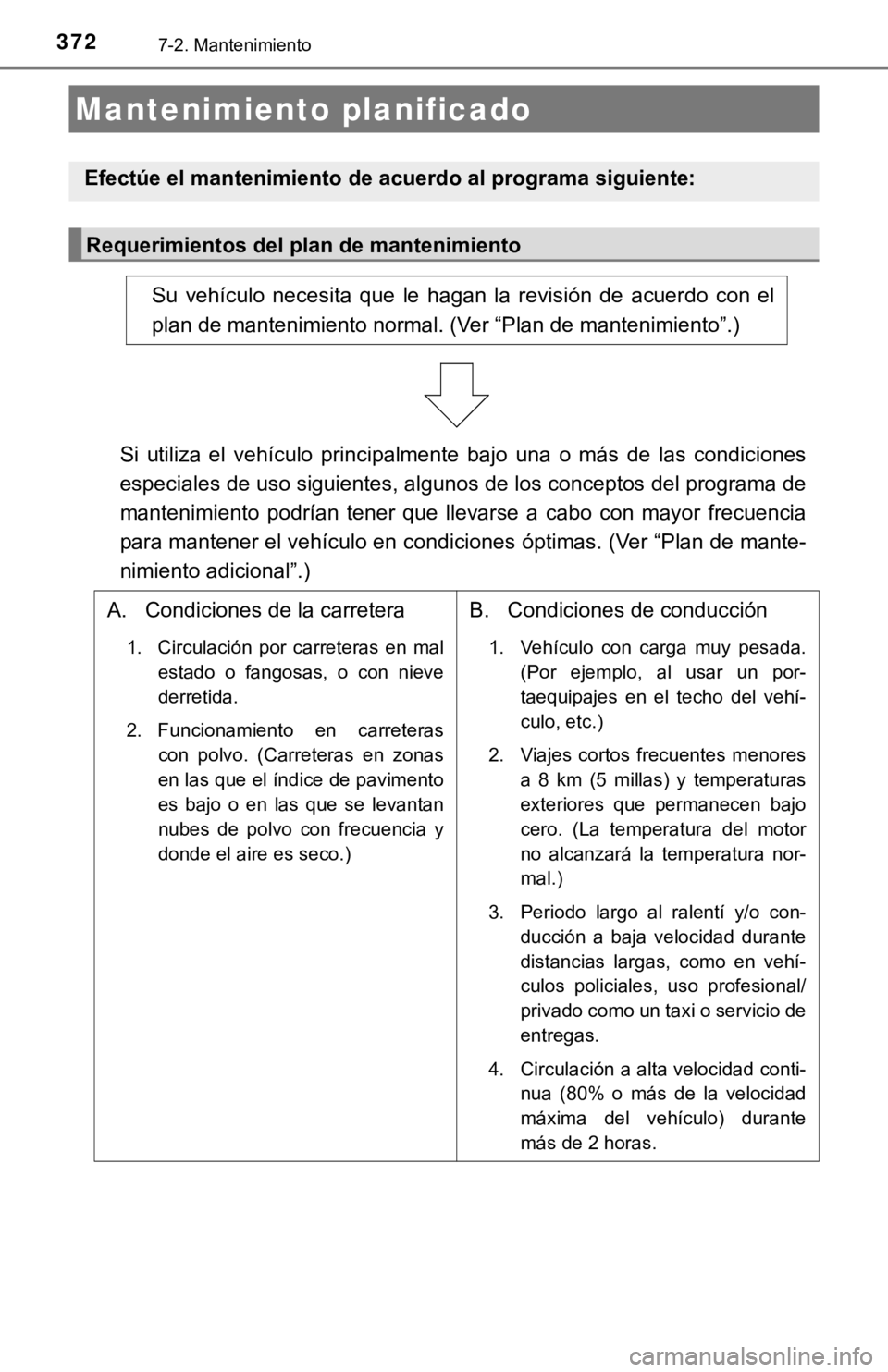 TOYOTA COROLLA 2019  Manual del propietario (in Spanish) 3727-2. Mantenimiento
Mantenimiento planificado
Efectúe el mantenimiento de acuerdo al programa siguiente:
Requerimientos del plan de mantenimiento
Su  vehículo  necesita  que  le  hagan  la  revisi